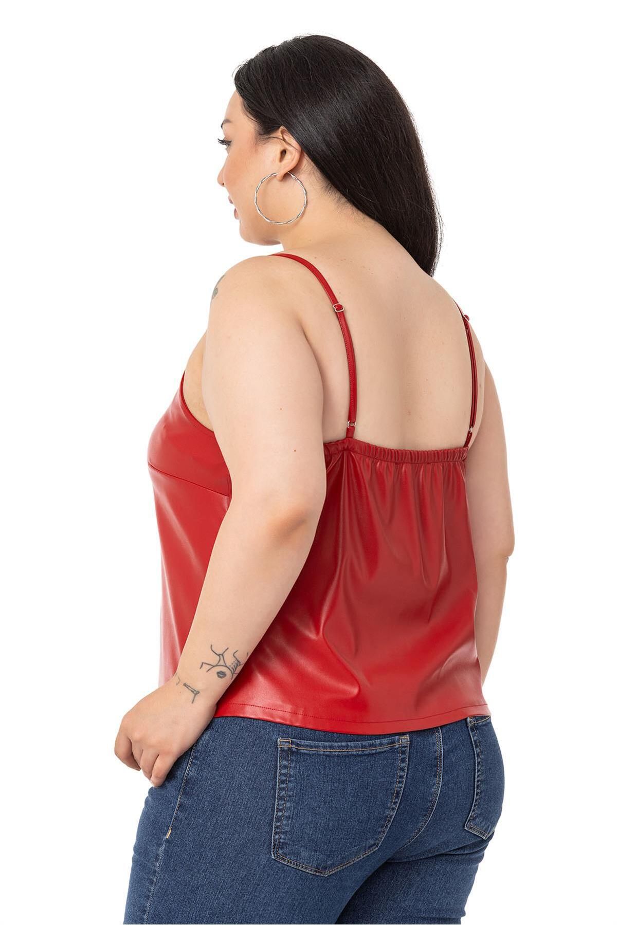 DISENTIS MODEST-Plus Size Adjustable Thin Strap Leather Red Blouse with Elastic Back 5