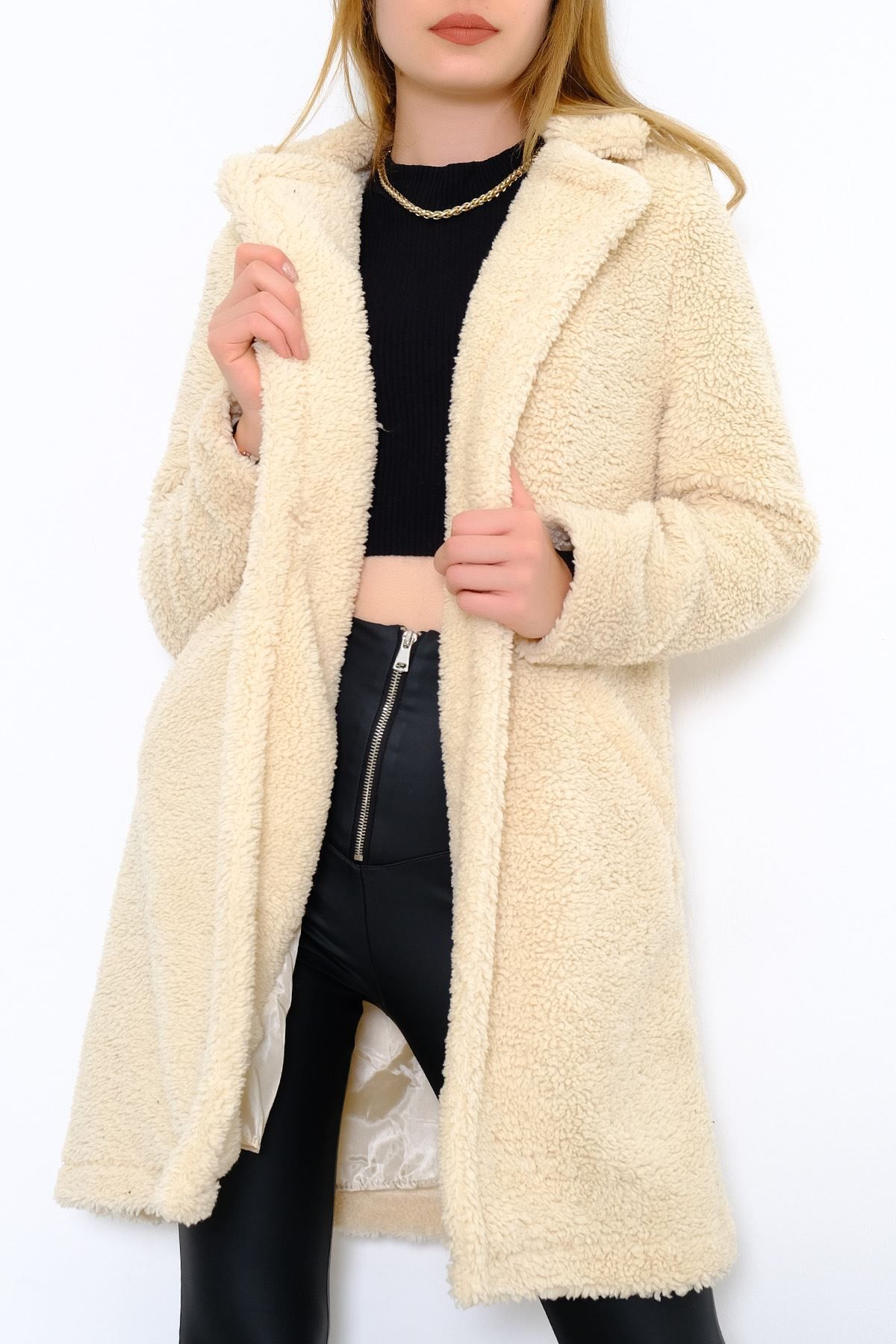 Women's Lined Long Buttoned 2 Pockets Winter Thick Teddy Plush Coat Long Hijab Fleece Coat