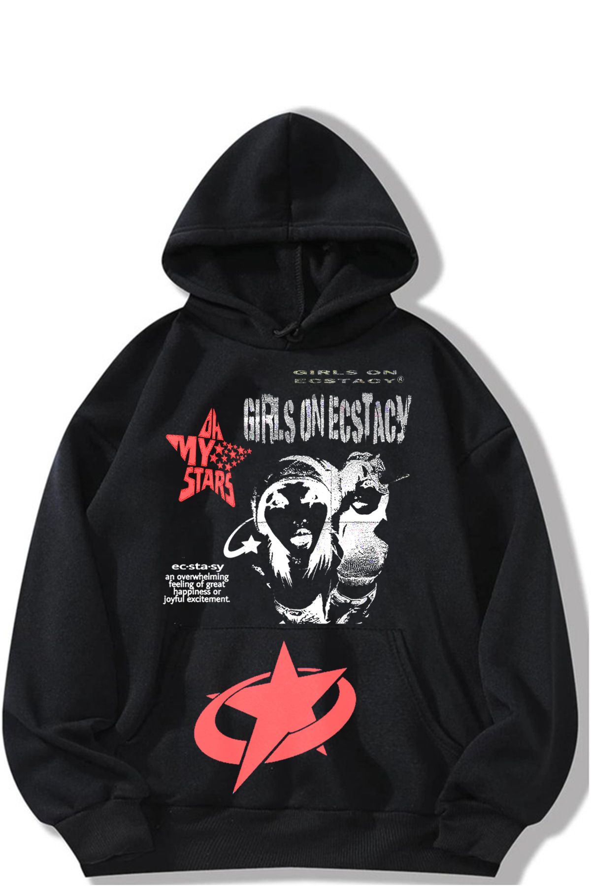 ARC Shoping Hanorac Cu Imprimeu Spirit - Glugă Supradimensionată Neagră Cu 3 Fire De Fir Unisex - S