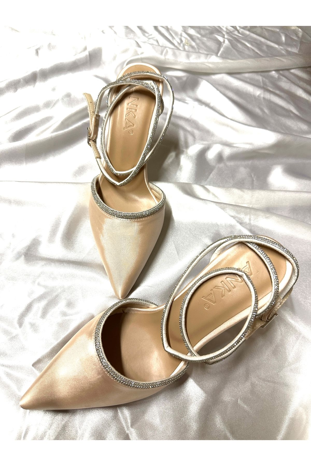TrendyAnka Pantofi De Seară Pentru Femei, Piele Bej Nud, Satin, 8 Cm, Cu Toc Transparent, Înfășurați La Gleznă, Cu Vârf Ascuțit Femeie - 41