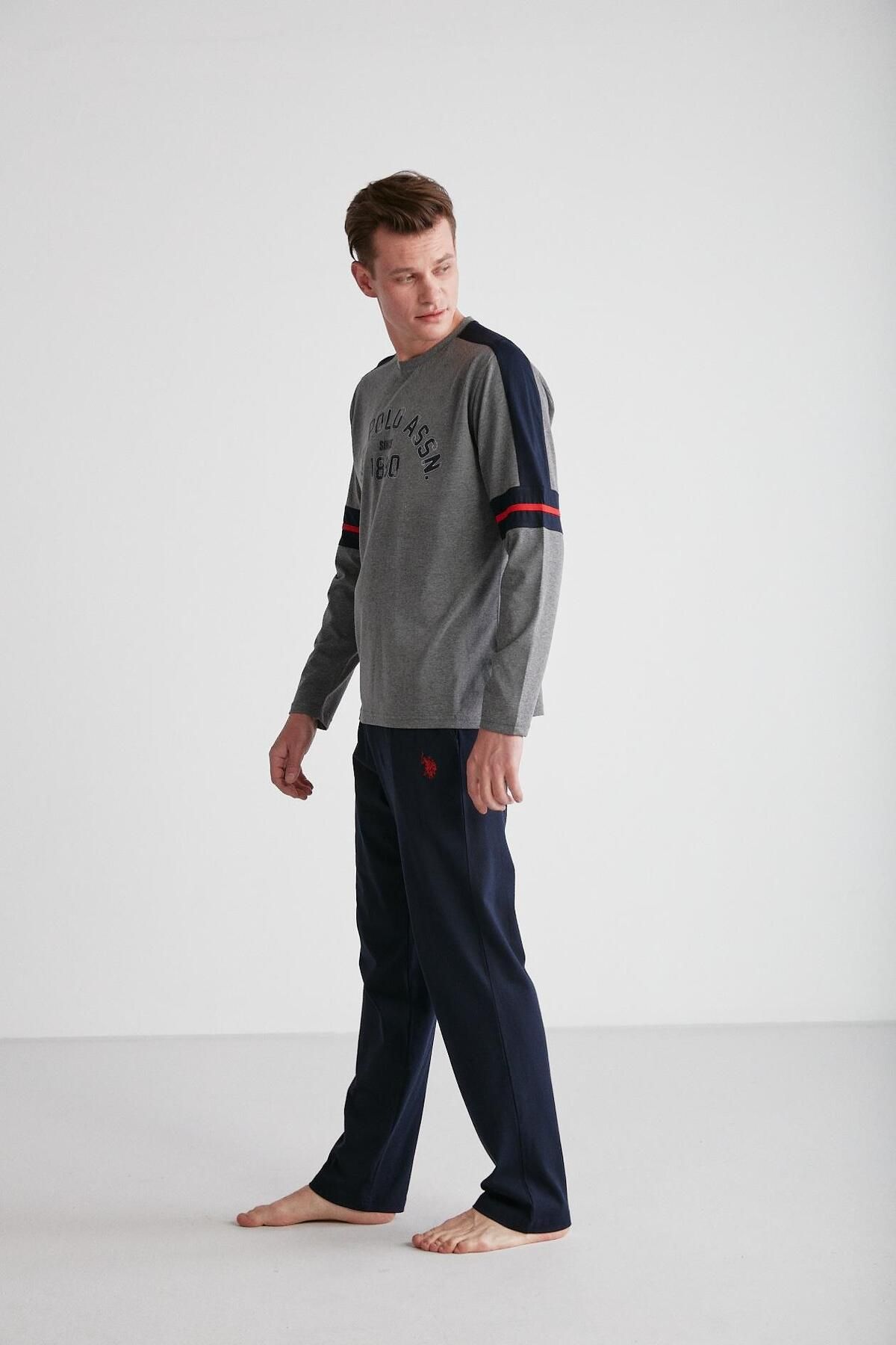 ست پیژامه خاکستری مردانه لباس خواب یقه گرد آنتراسیت ملانژ U.S. Polo Assn.