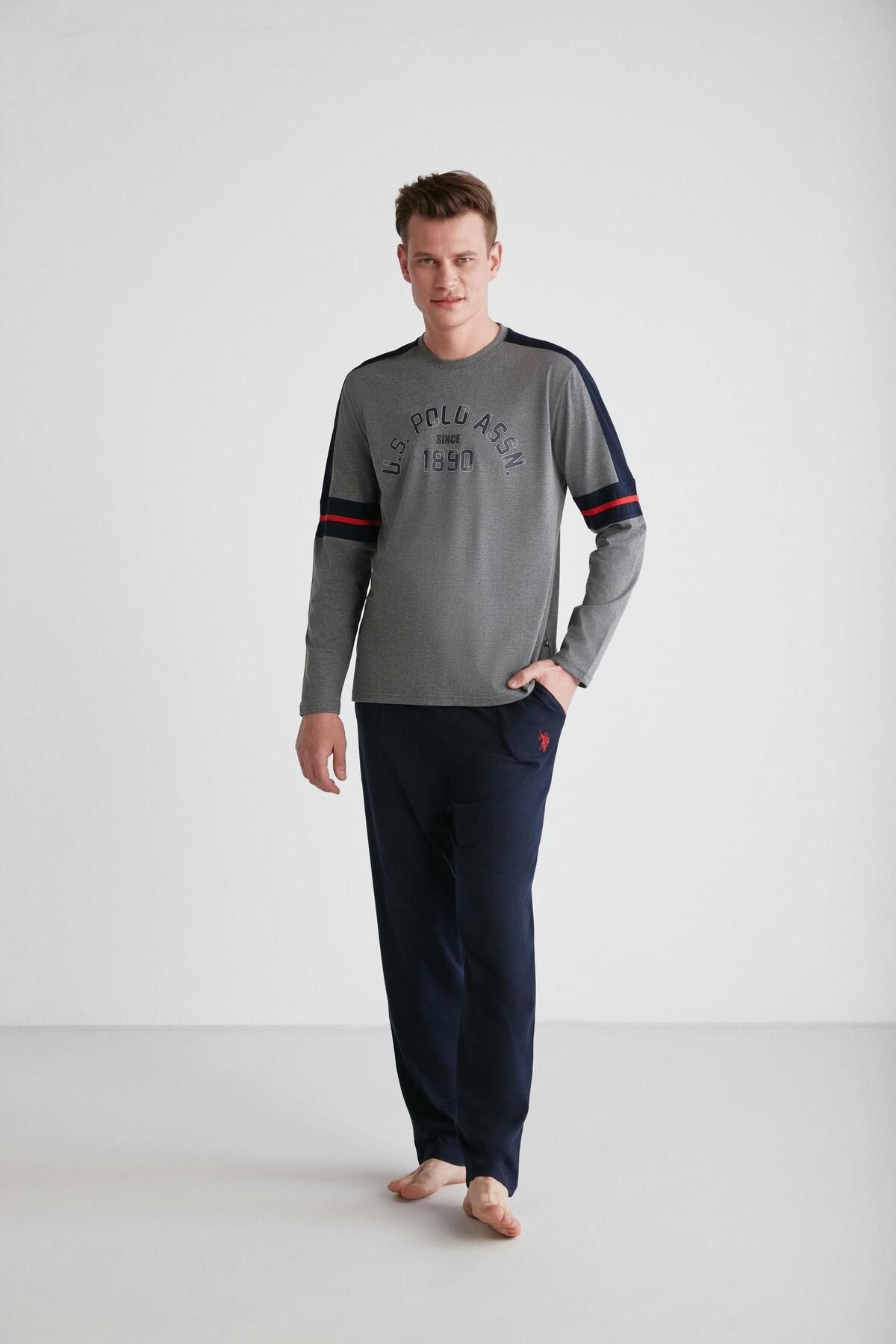 ست پیژامه خاکستری مردانه لباس خواب یقه گرد آنتراسیت ملانژ U.S. Polo Assn.