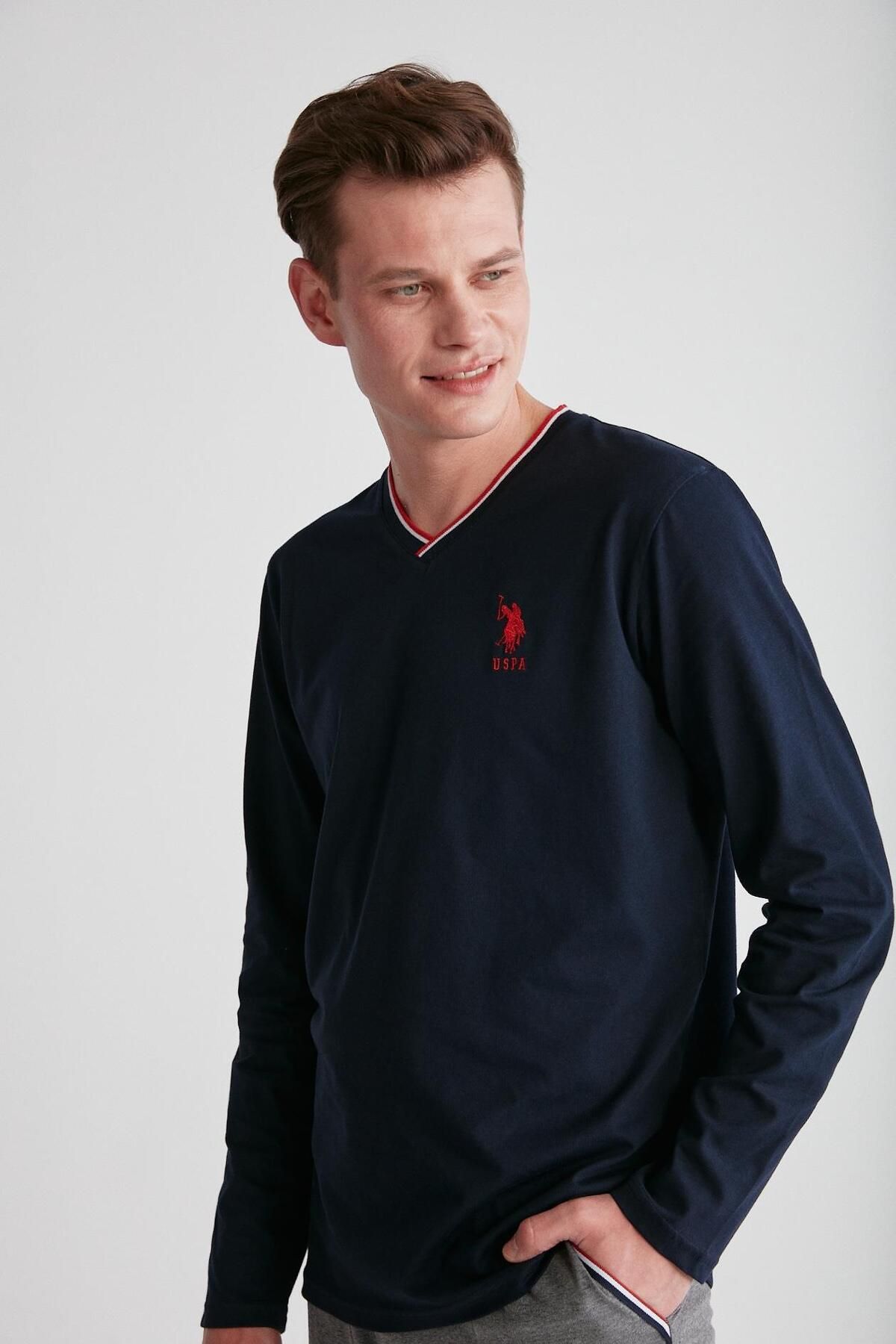 ست پیژامه آبی مردانه یقه وی رنگ سرمه ای U.S. Polo Assn.