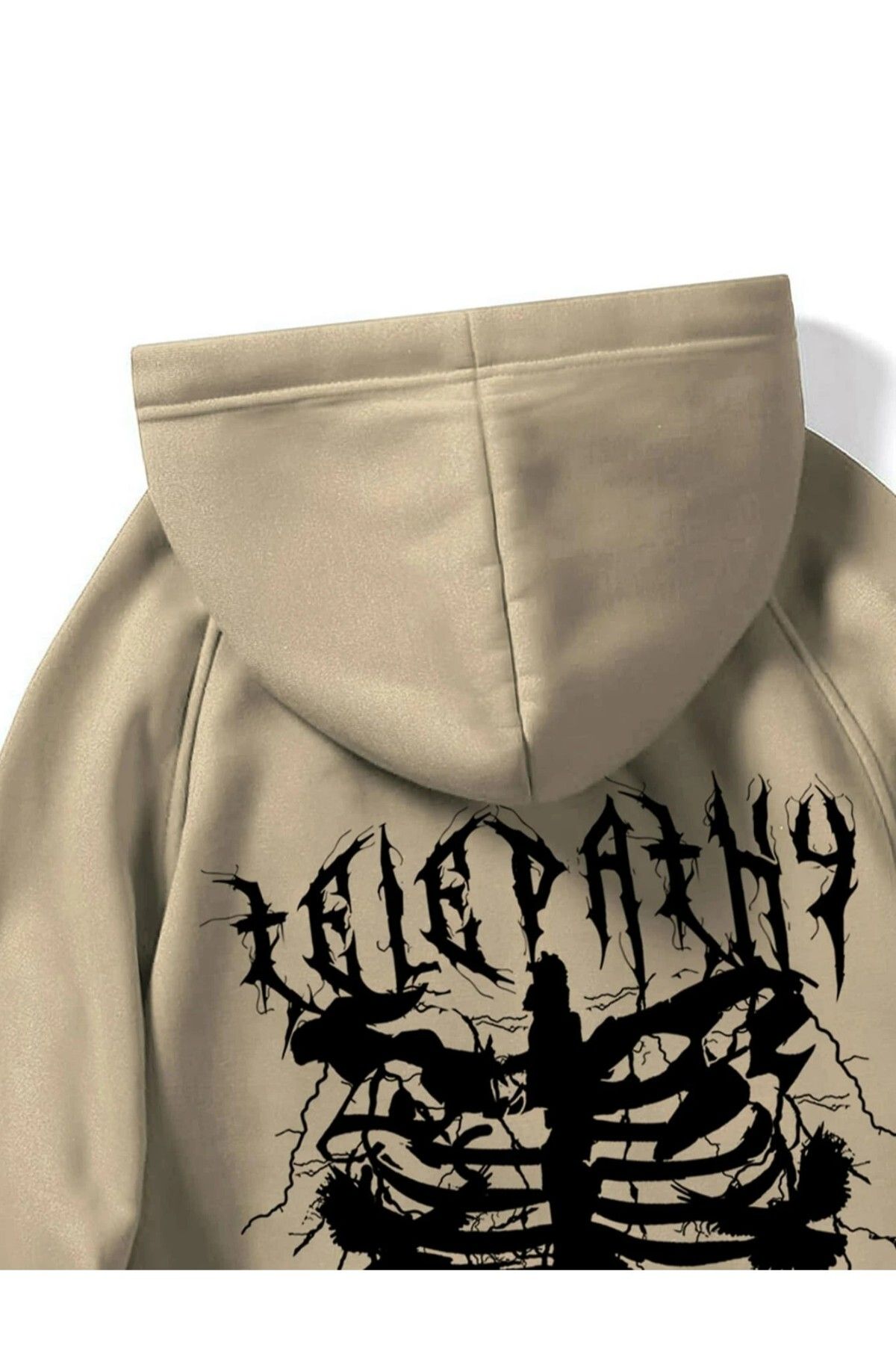 Black Sokak-Beige Telepathy Printed Oversize Hooded Men's Sweatshirt 4