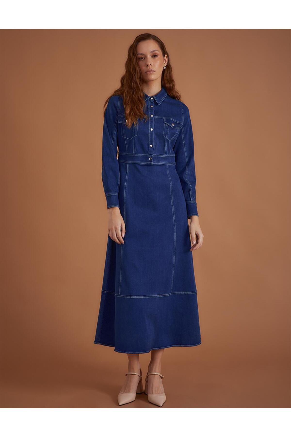 Kayra Punto Stitched Maxi Denim Dress Trendyol