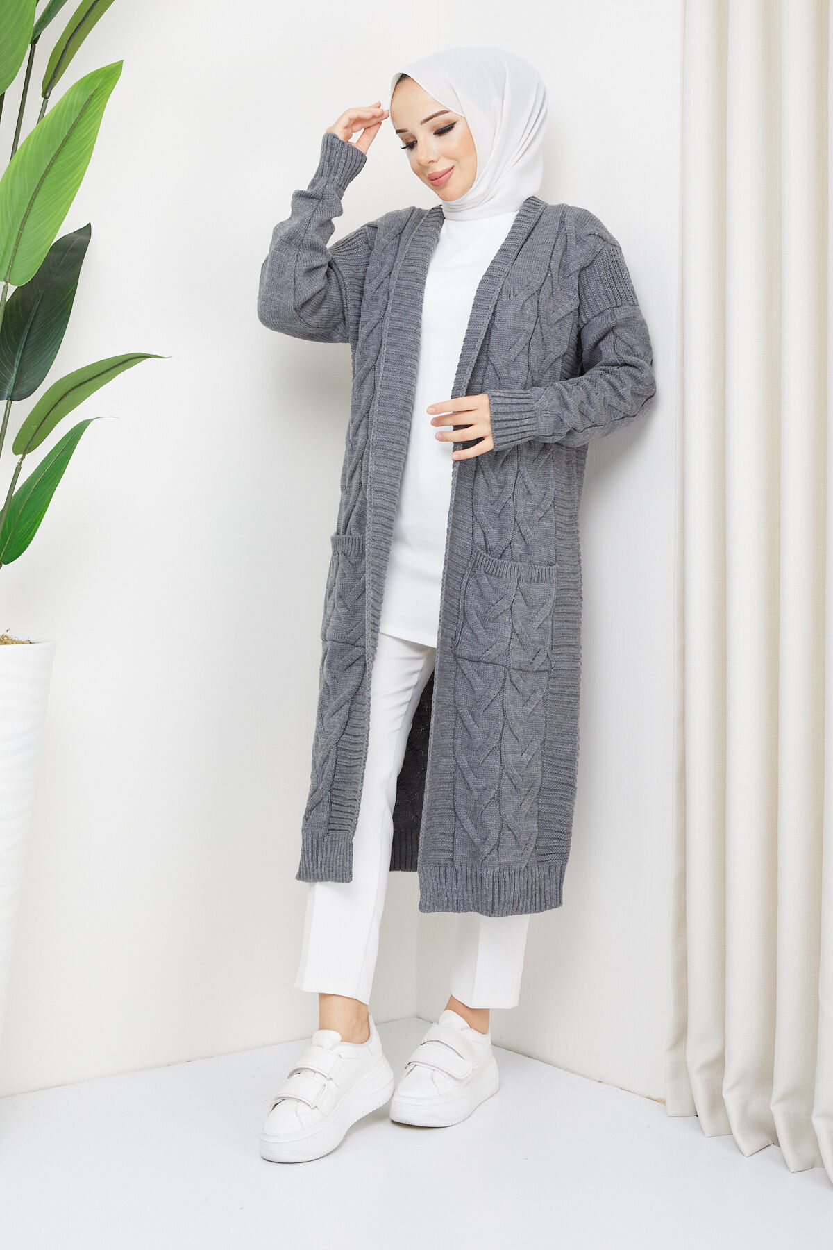 Pamuk Butik  Kadın Cepli Örgülü Triko Hırka Antrasit - Görsel 6