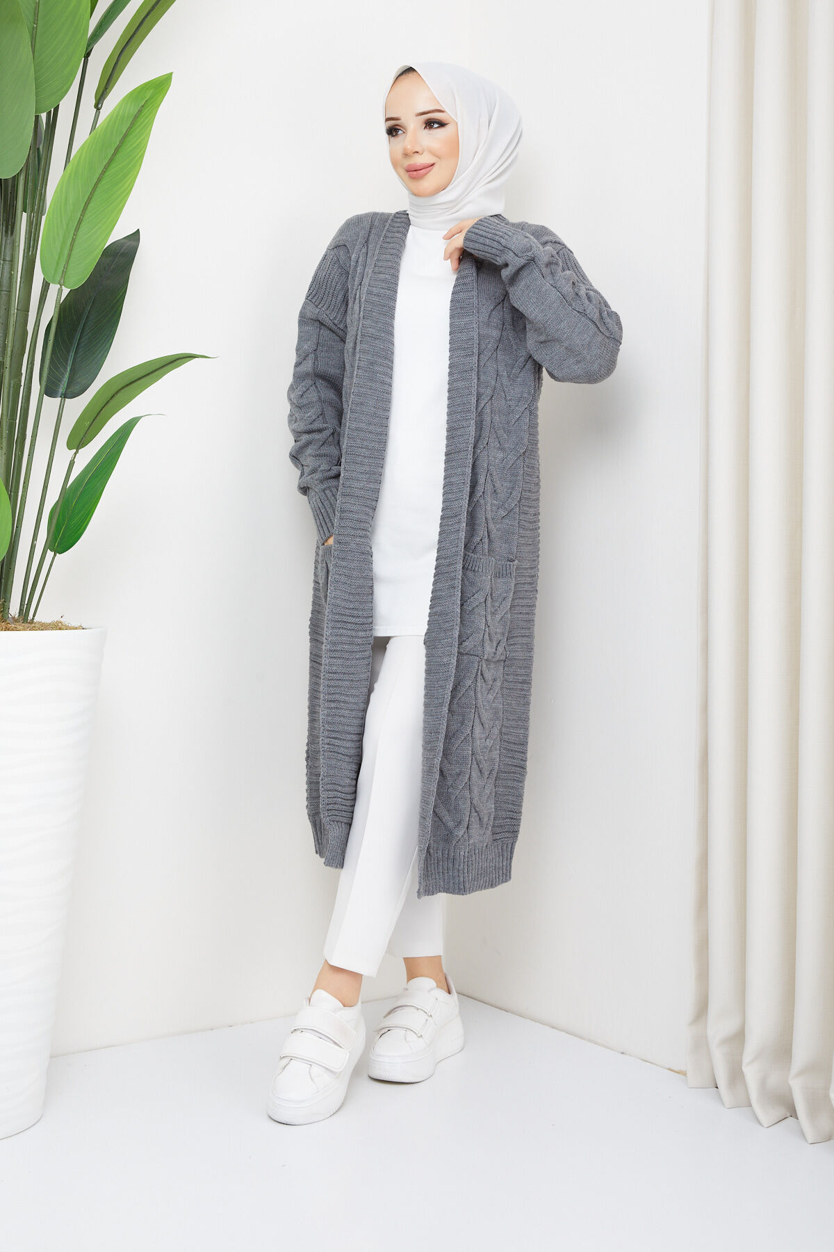 Pamuk Butik  Kadın Cepli Örgülü Triko Hırka Antrasit - Görsel 3