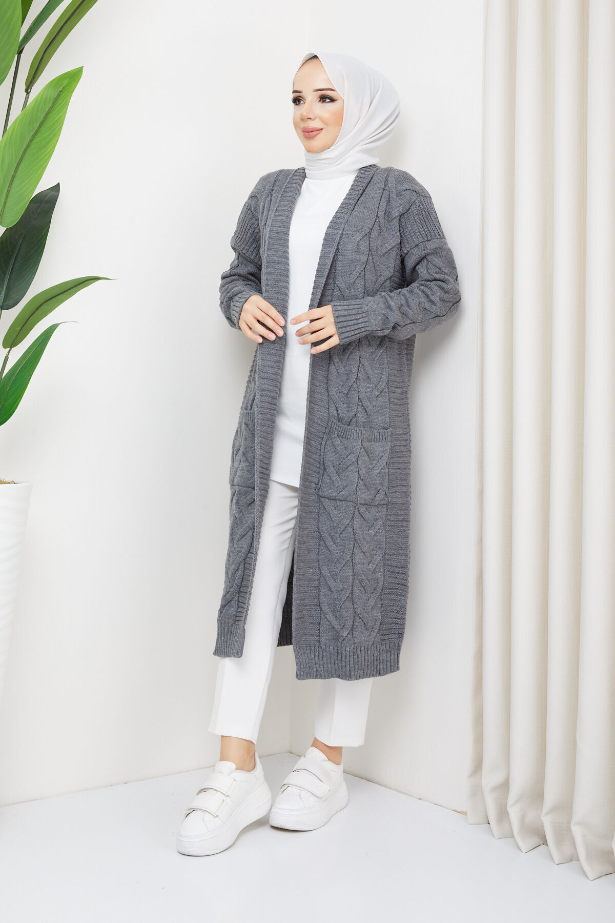 Pamuk Butik  Kadın Cepli Örgülü Triko Hırka Antrasit - Görsel 5