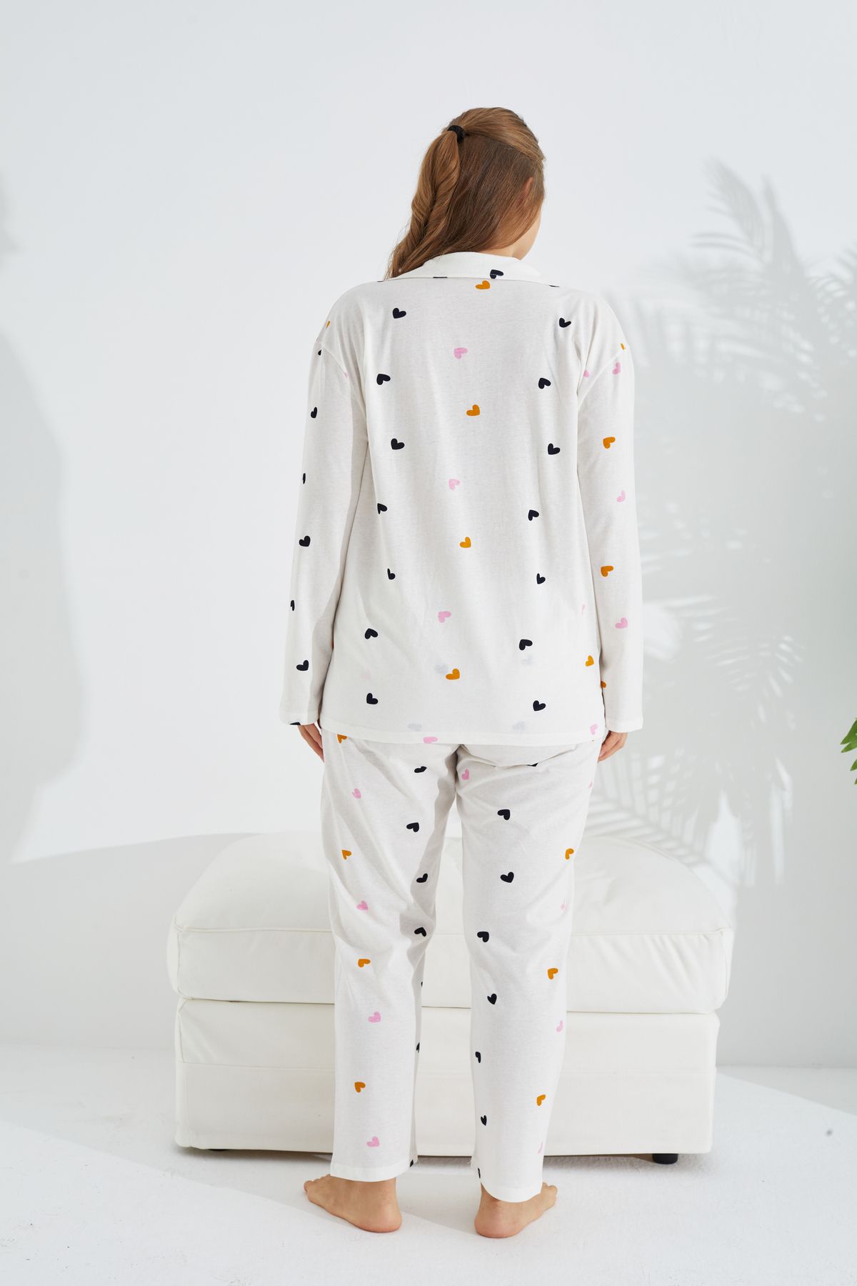 Siyah İnci-white heart pattern Curve Plus Size King Size Buttoned Cotton Pajama Set 3