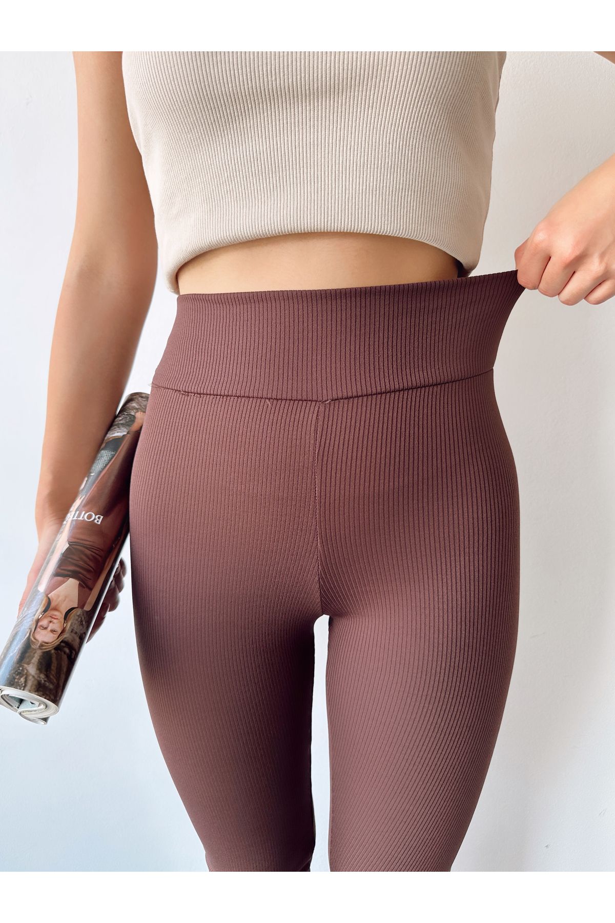 schlank-Women's Brown Cotton Inside High Waist Ribbed Recovery Leggings 3