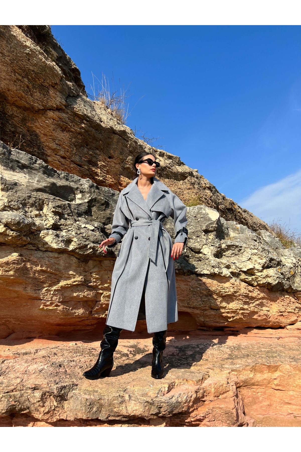Gray Leather Cuff Detail Stamp Coat