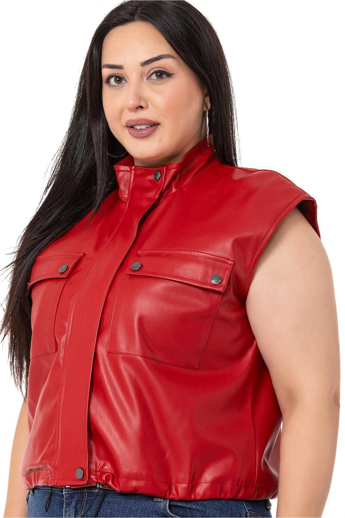 DISENTIS MODEST-Large Size Leather Short Red Vest with Drawstring Detail and Pockets 4
