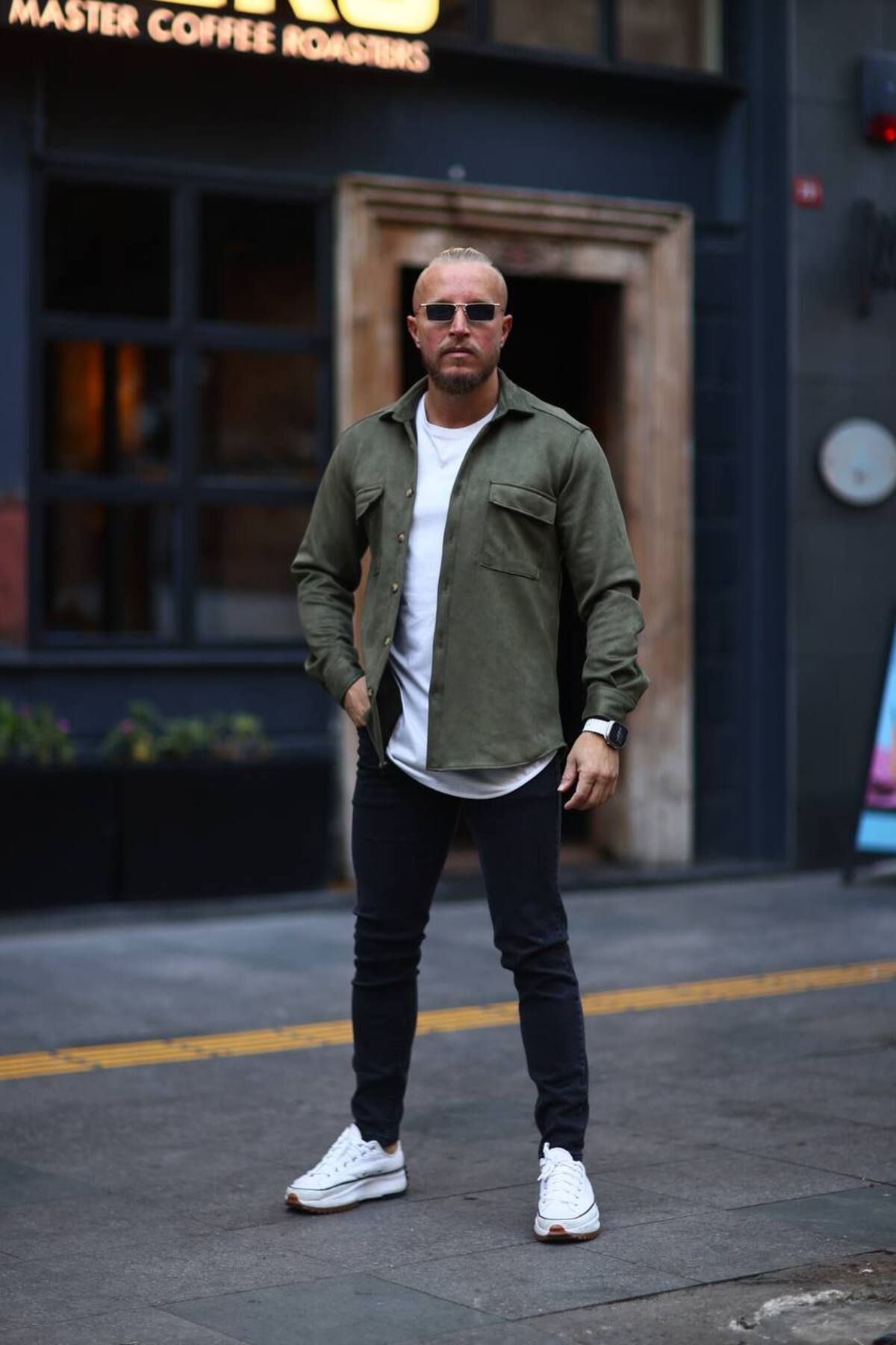 Black jeans khaki jacket sales