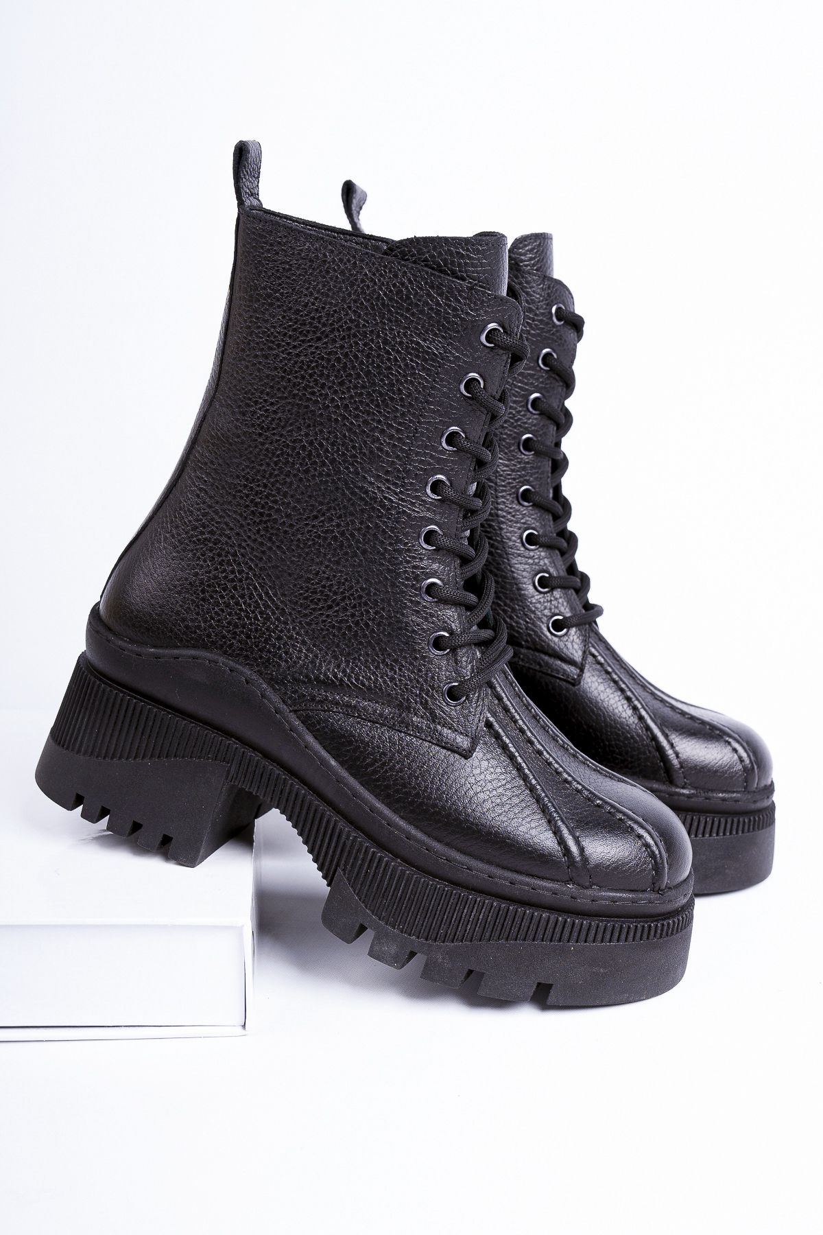 Deripabuc-Genuine Leather Black Women's Serrated Platform Sole Leather Boots Trc-3001 8