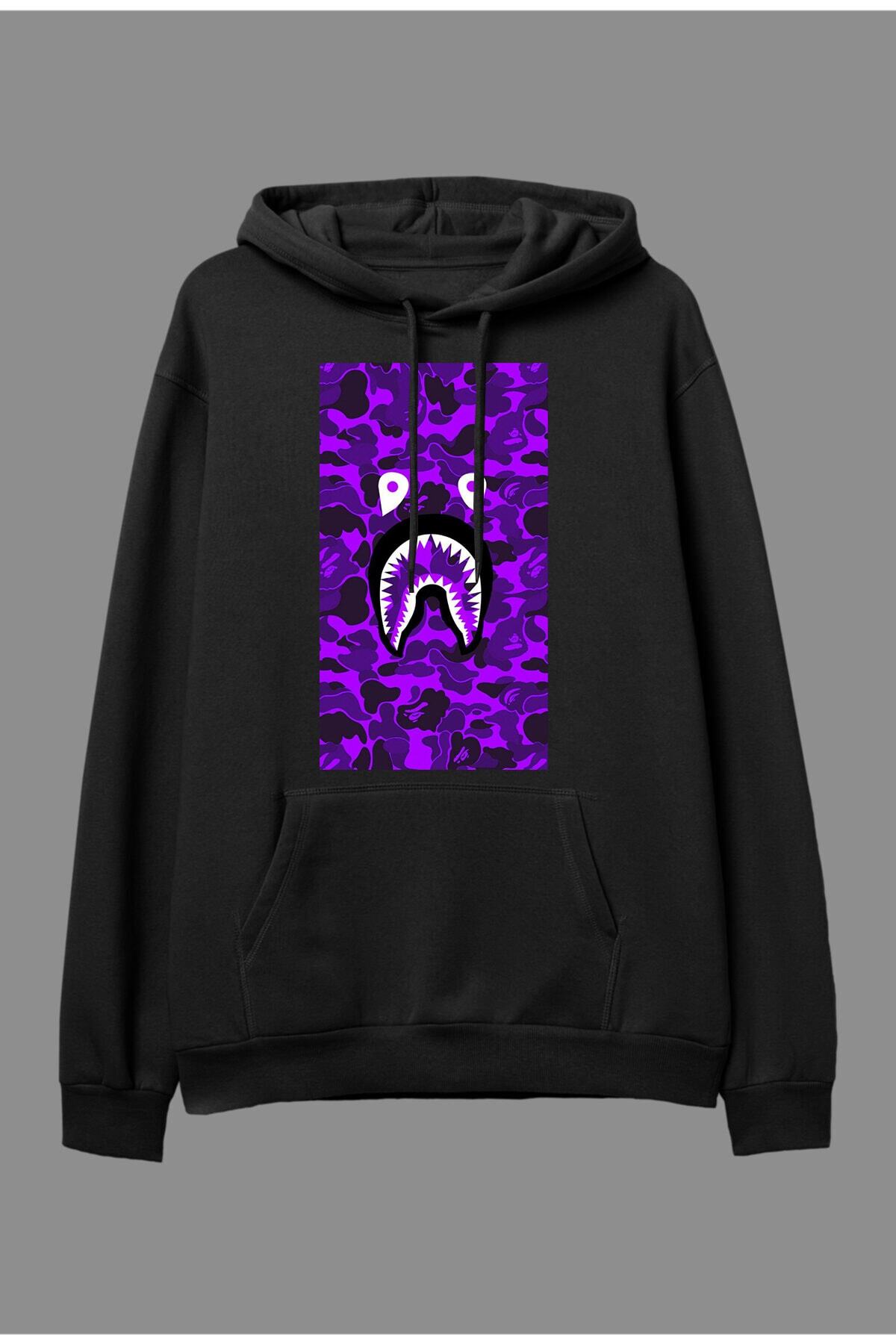 Genel Markalar Oversize Mor Purple Bape Shark Baskılı Kapşonlu