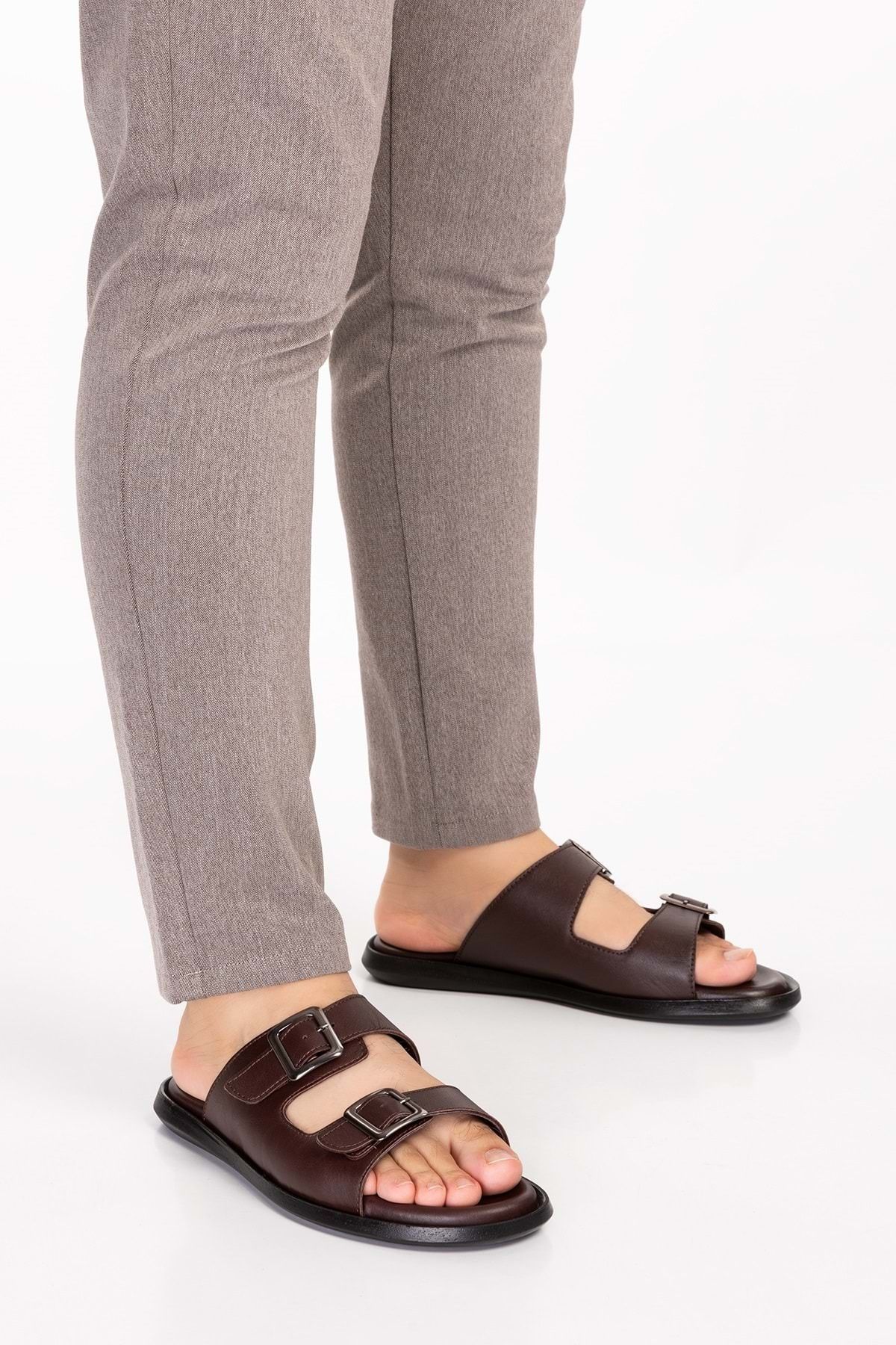 دمپایی چند رنگ مردانه چرم واقعی روزانه کلاسیک Tuck Slipper ESM.610 قهوه ای Gondol