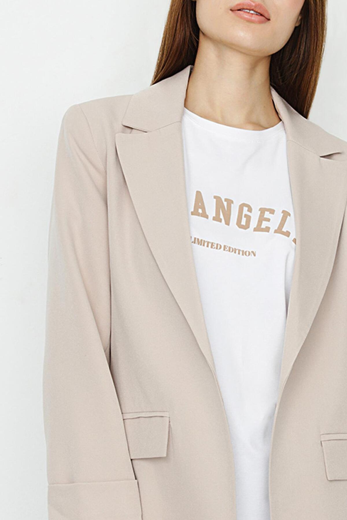 Select Moda  Kadın Taş Rengi Astarlı Dokuma Blazer Ceket - Görsel 3