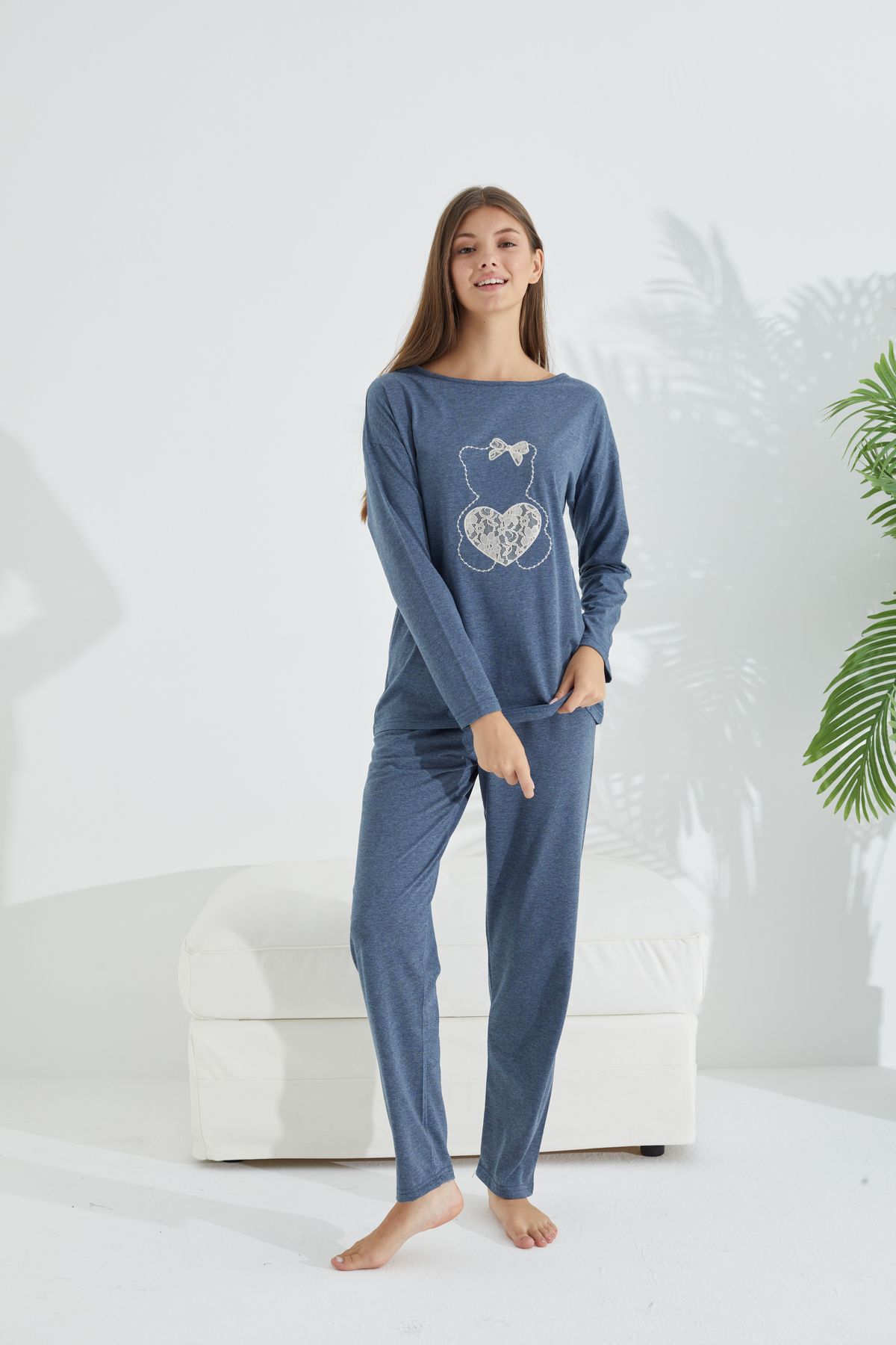 Siyah İnci-Blue melange Set de pijamale tricotate din bumbac Lycra 3