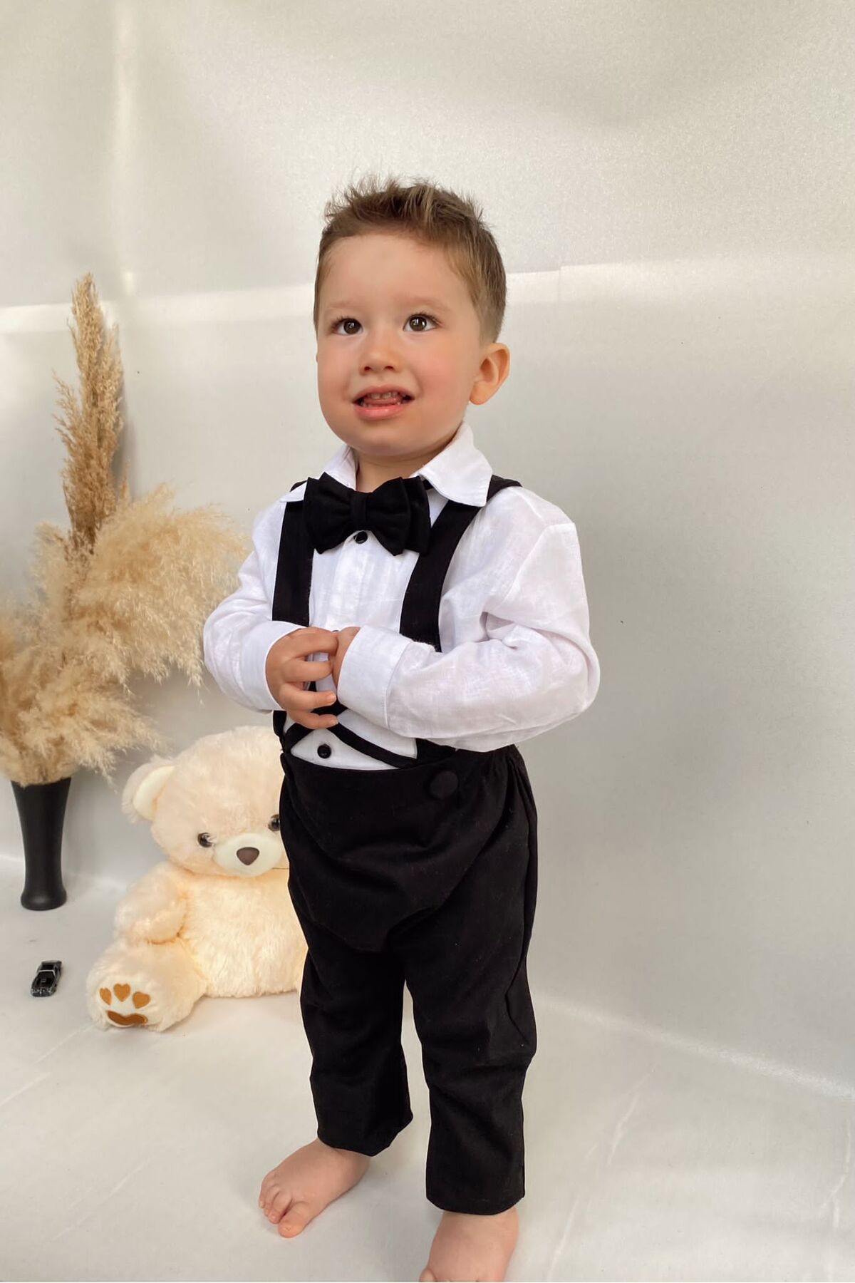 Poplinkids Siyah Renk Çapraz Salopet Keten Gömlek Takım  162