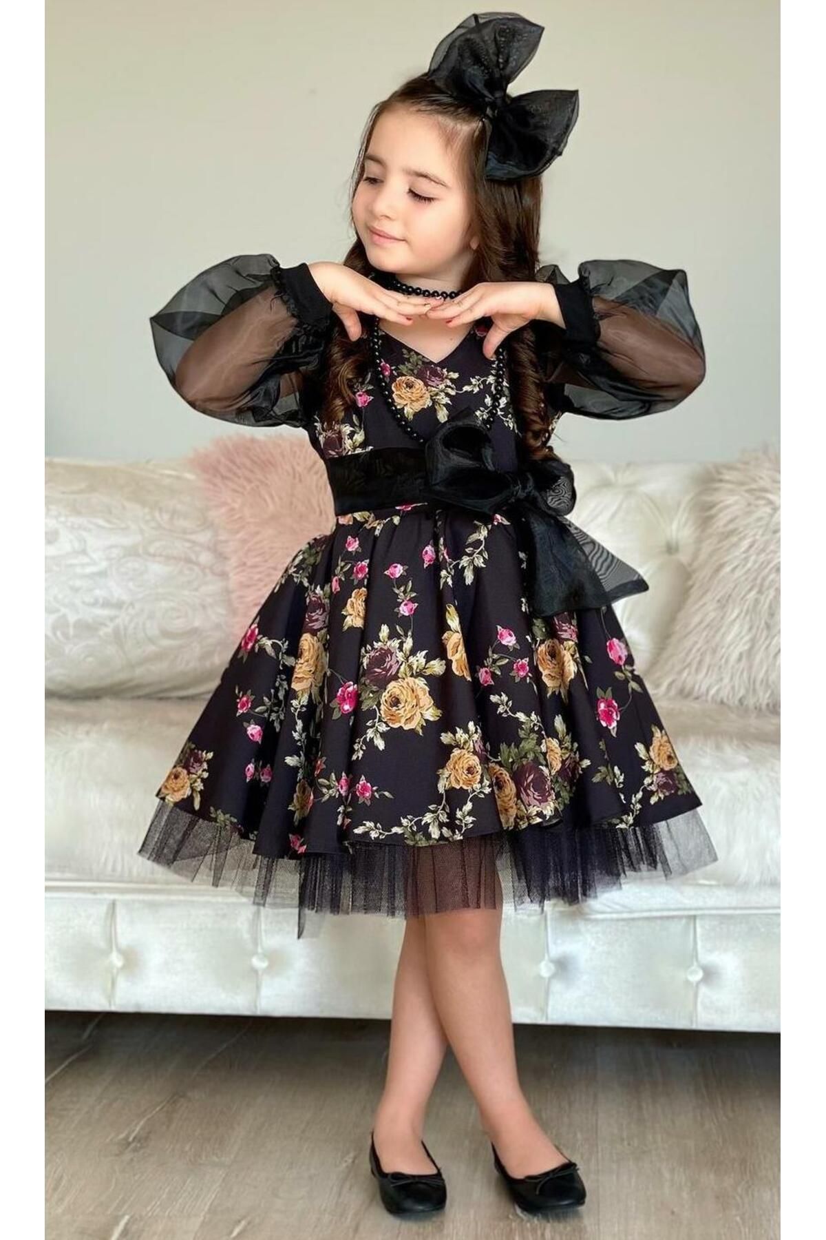 Riccotarz-Rochie tutu cu flori negre pentru fete 5