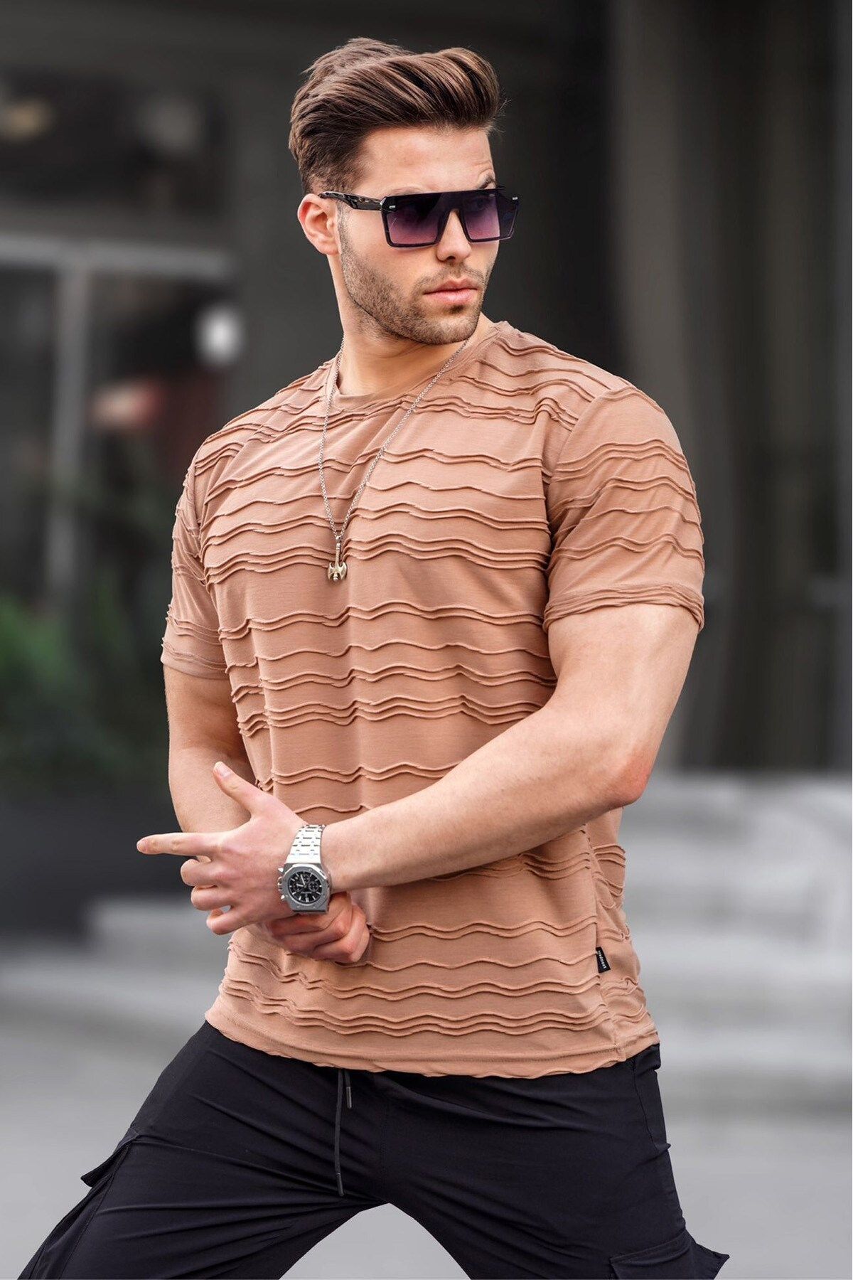 تی شرت یقه خدمه با طراحی خاص مدل قواره دار آستین کوتاه مردانه مدمکست Madmext (ساخت ترکیه)