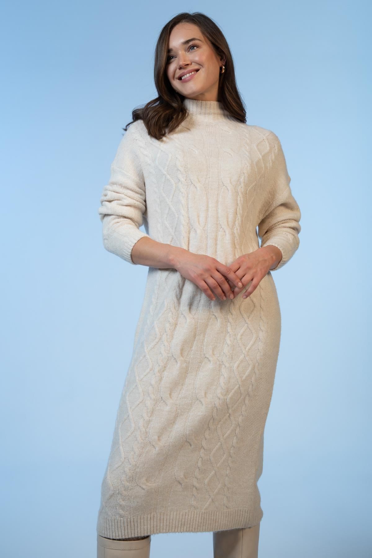 DeFacto-Regular Fit Turtleneck Knitted Patterned Midi Dress 3