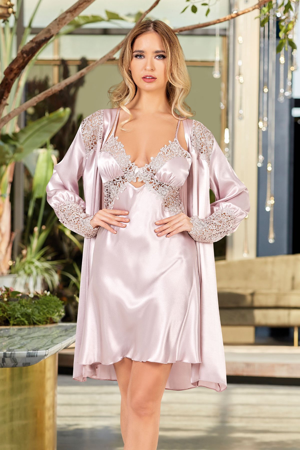 Nurteks Kadın Kısa 6'lı Set Saten Güpürlü