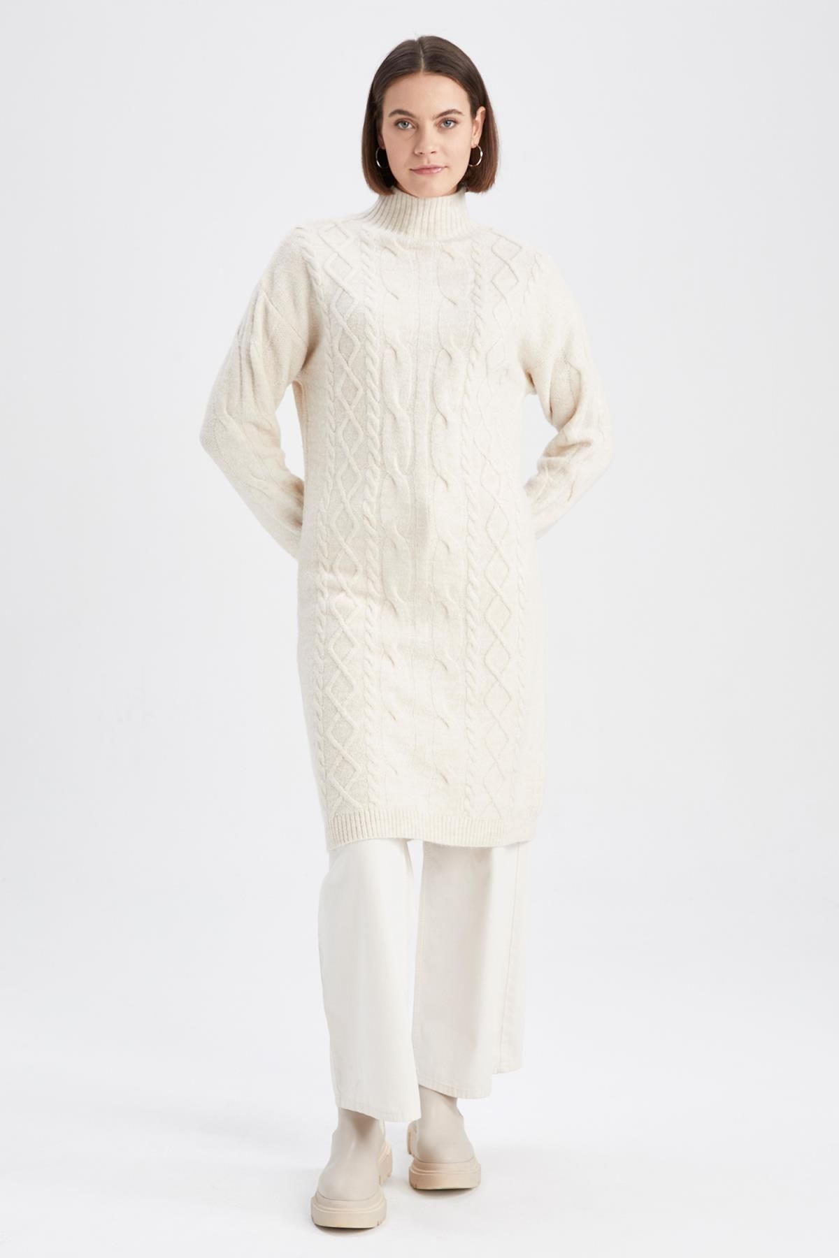 DeFacto-Regular Fit Turtleneck Knitted Patterned Midi Dress 5