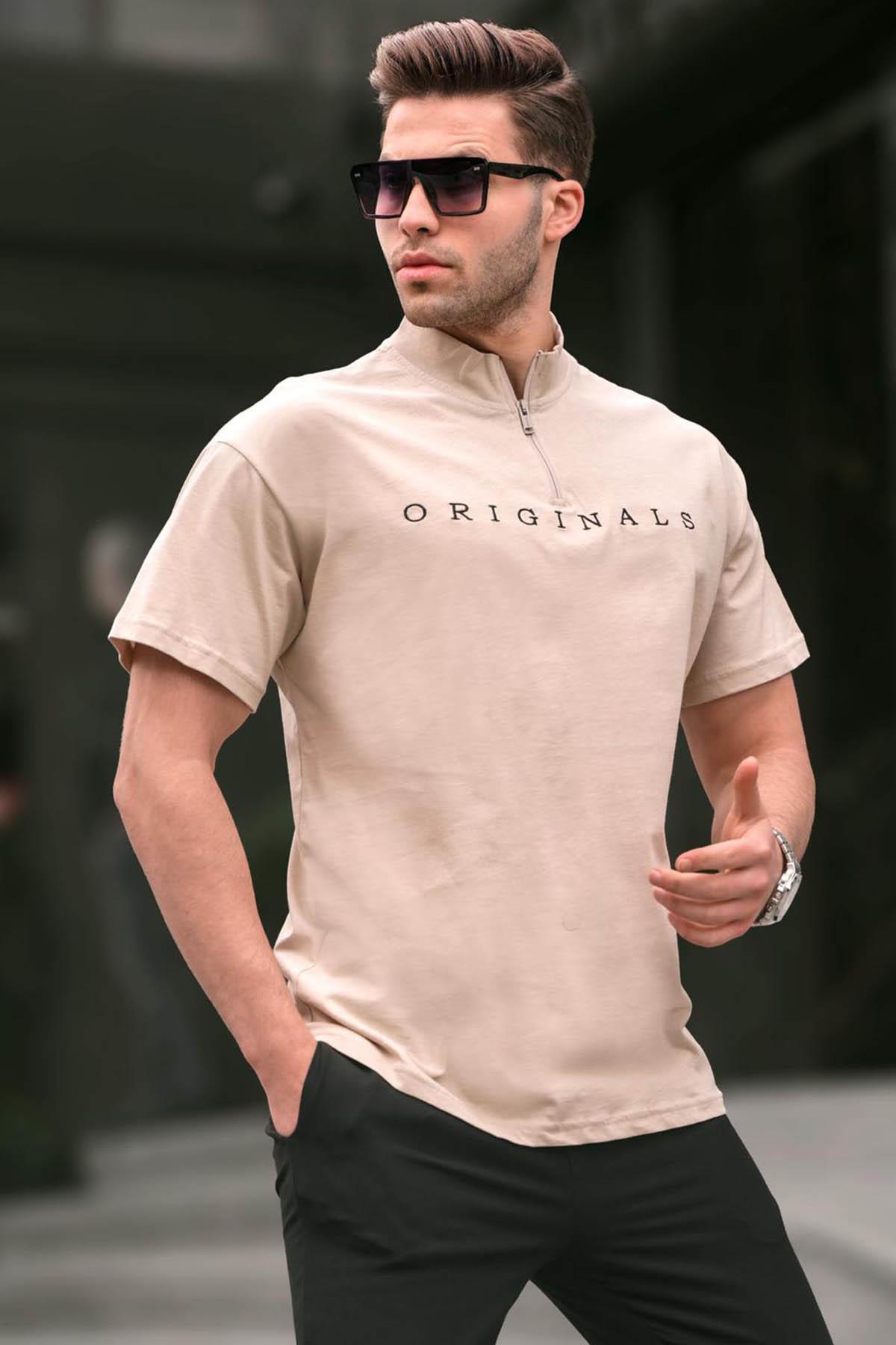 تی شرت یقه زیپ دار طرح پرینتی آستین کوتاه مردانه مدمکست Madmext (برند ترکیه)