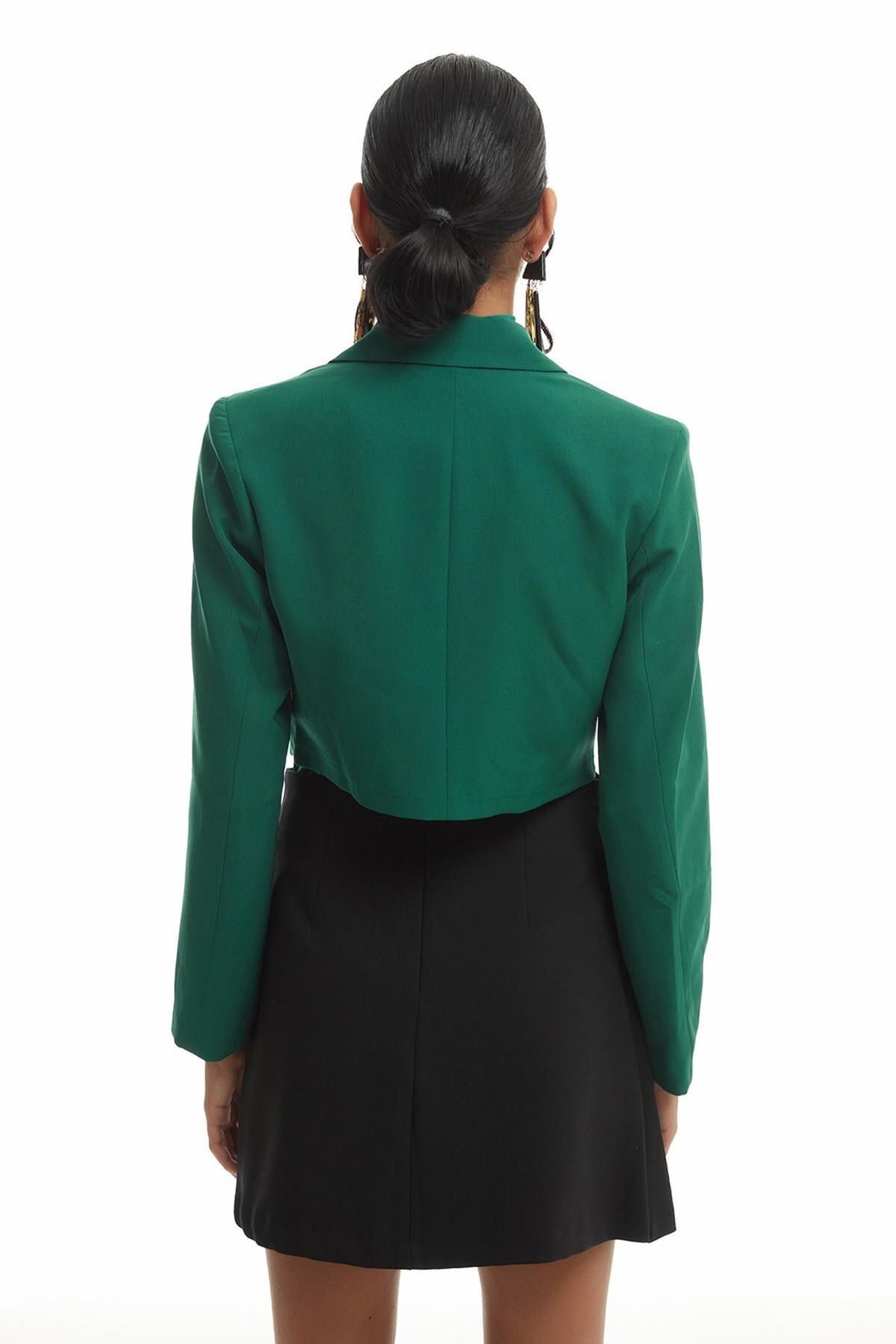 Quzu Double Breasted Crop Blazer Jacket Dark Green Trendyol