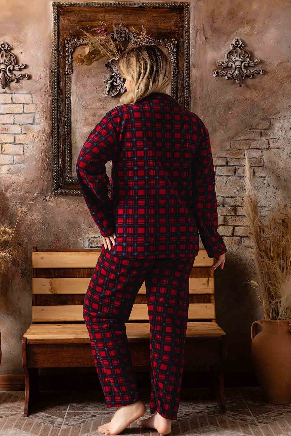 Lukitus-Full Button Plaid Pattern Large Size Welsof Pajamas Set 2