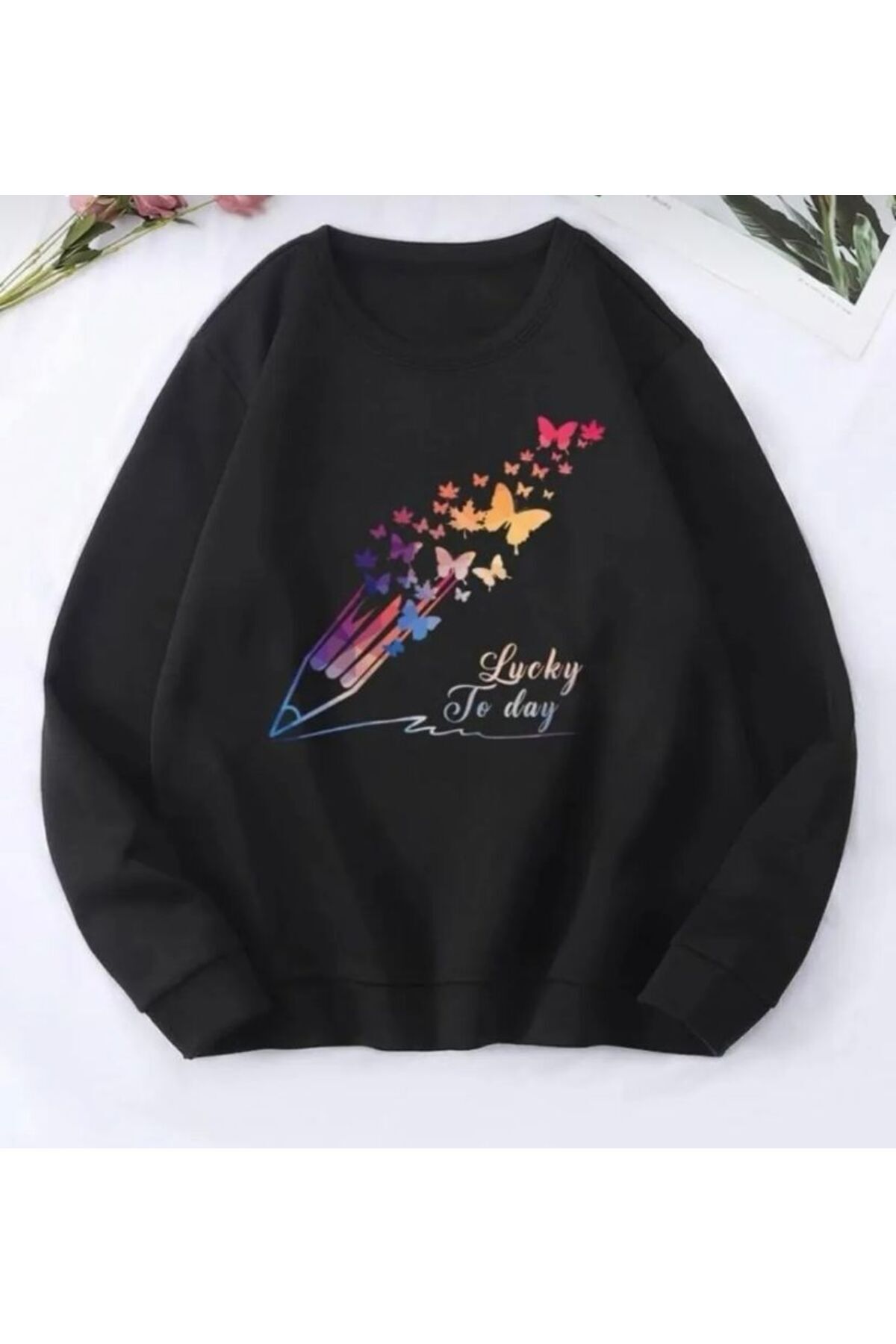 Girl Black Crew Neck Lucky Pencil Printed Sweatshirt