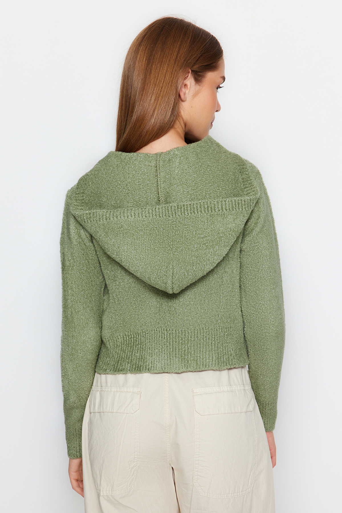 Trendyolmilla  Mint Crop Kapüşonlu Dokulu Fermuarlı Triko Hırka TWOAW24HI00370 - Görsel 5