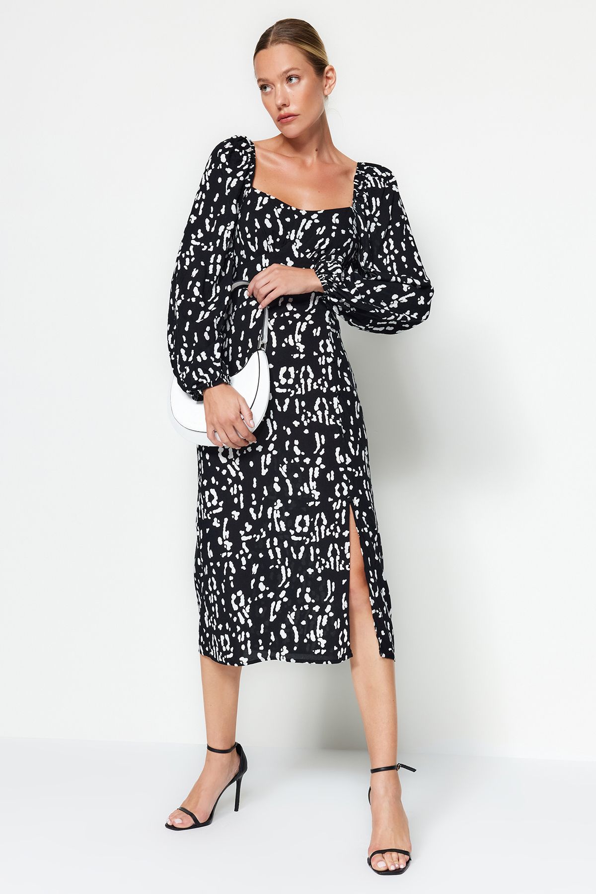Trendyol Collection Rochie Neagră Țesută Din Viscoză, Cu Croială Dreaptă, Cu Modele Geometrice Femeie - 40