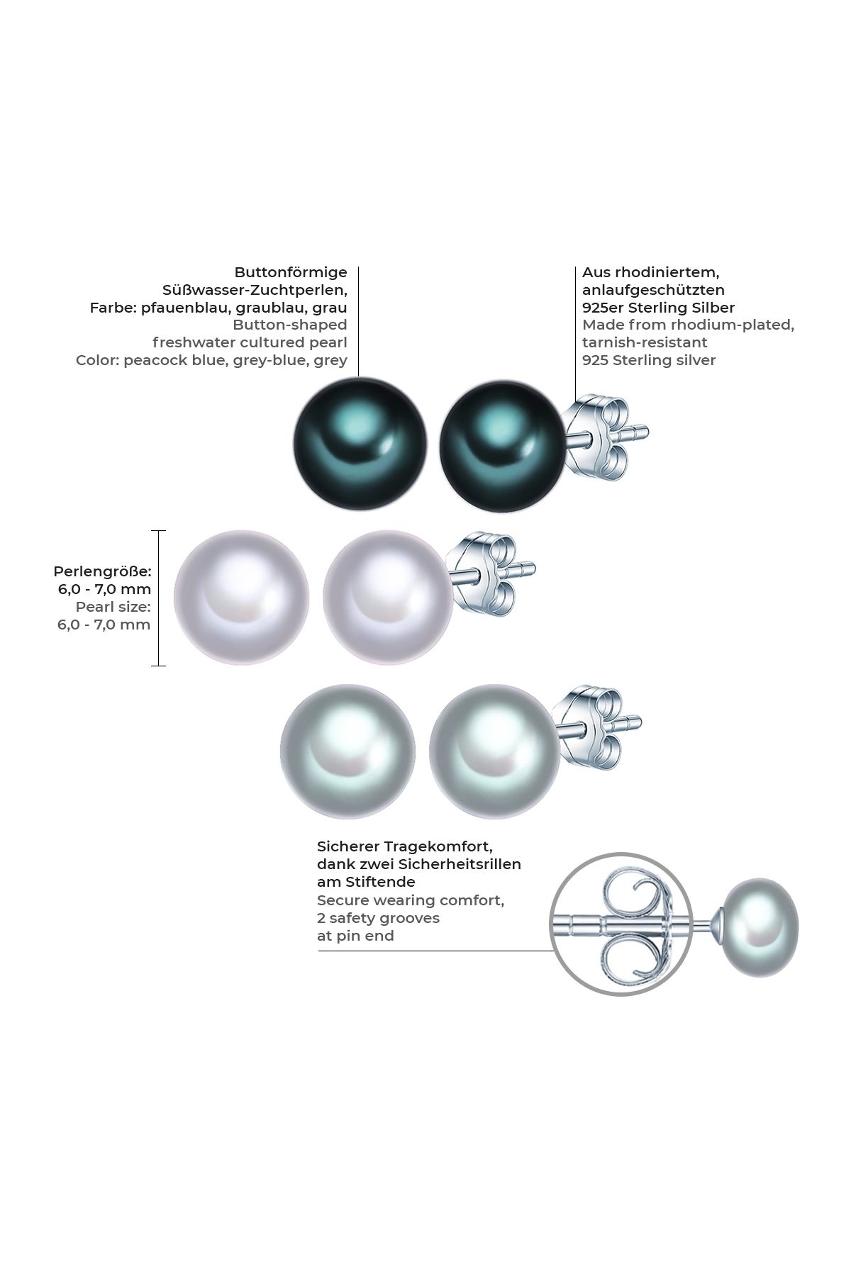 Valero Pearls-Perlenohrstecker 3er Set Ohrstecker Sterling Silber Süßwasser-Zuchtperle multicolor 2