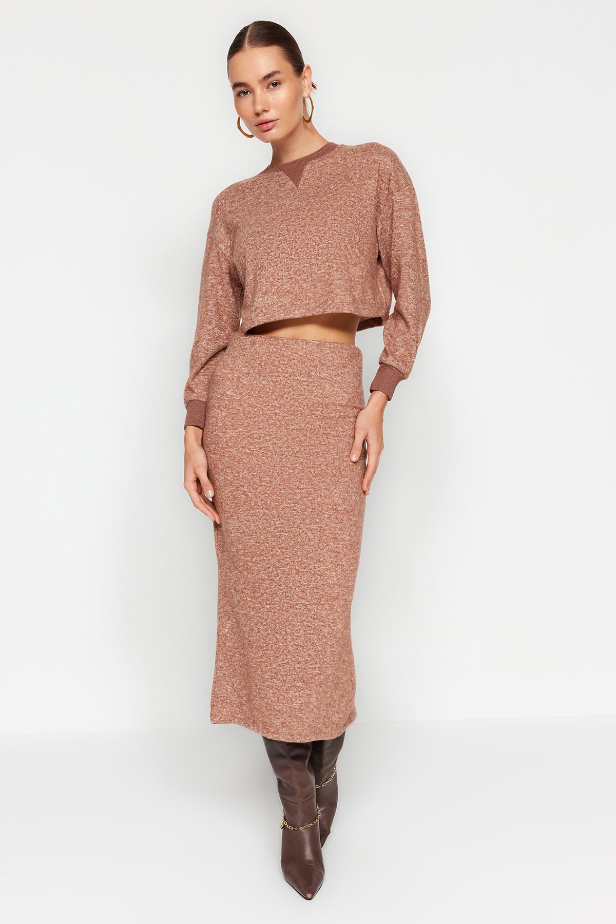 Trendyol Collection-Camel Soft Fabric Knitted Top and Bottom Set TWOAW24AU00071 3