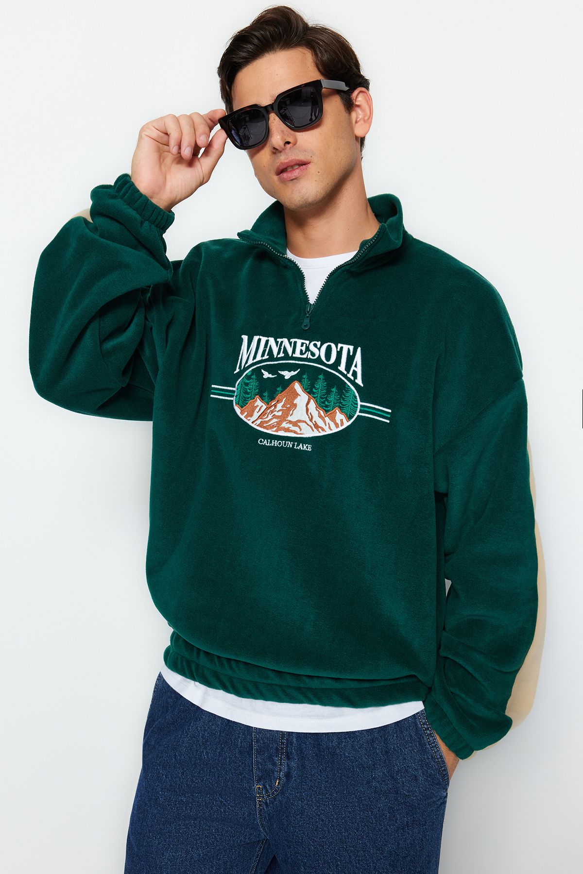 Trendyol Collection-Σμαραγδένιο πράσινο Unisex Oversize/Wide Cut Stand γιακά Φούτερ Fleece κατά της διάτρησης TMNAW24SW00034 4