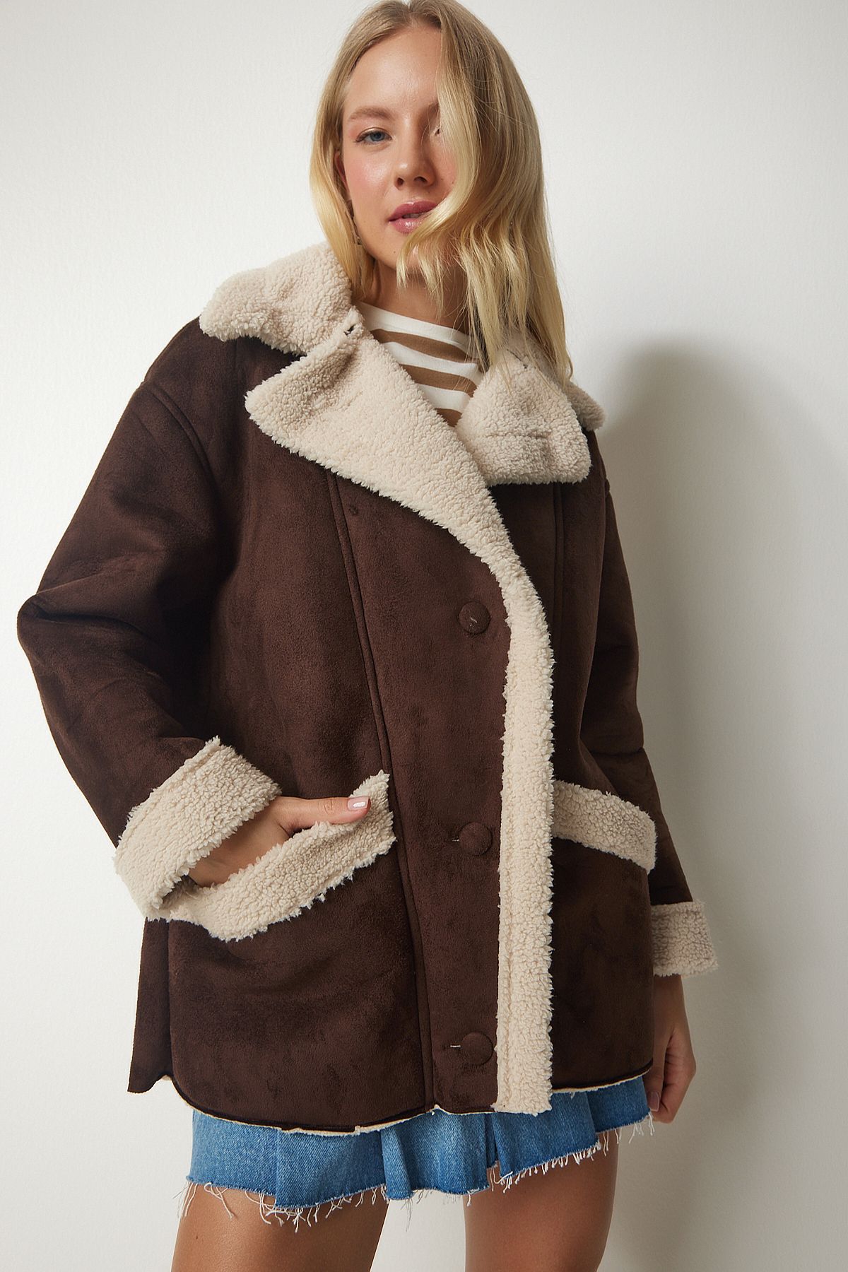 Happiness İstanbul-Damenmantel aus Wildleder in Braun UB00159 3