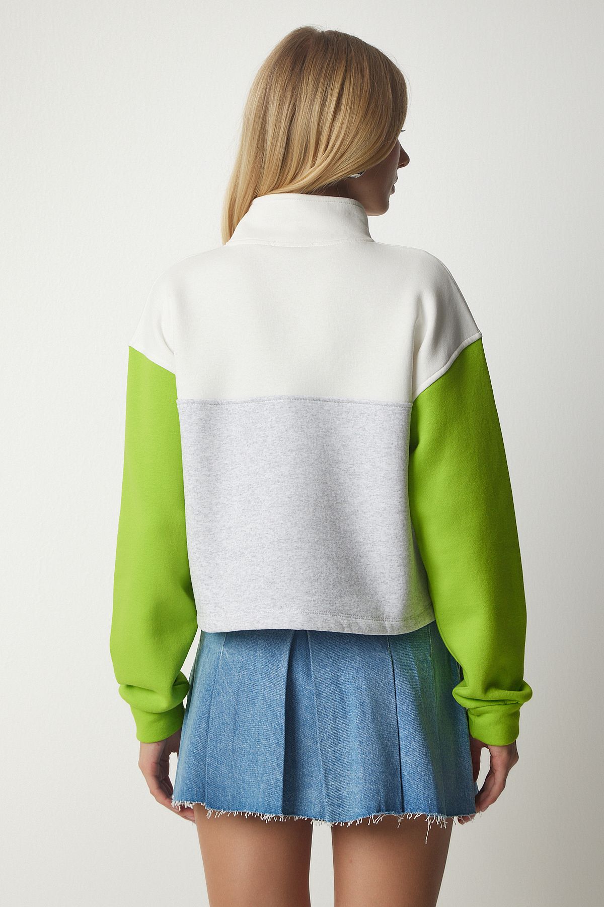 Happiness İstanbul-Women's Gray Light Green Zippered Collar Ribbed Knitted Crop Sweatshirt NJ00130 6