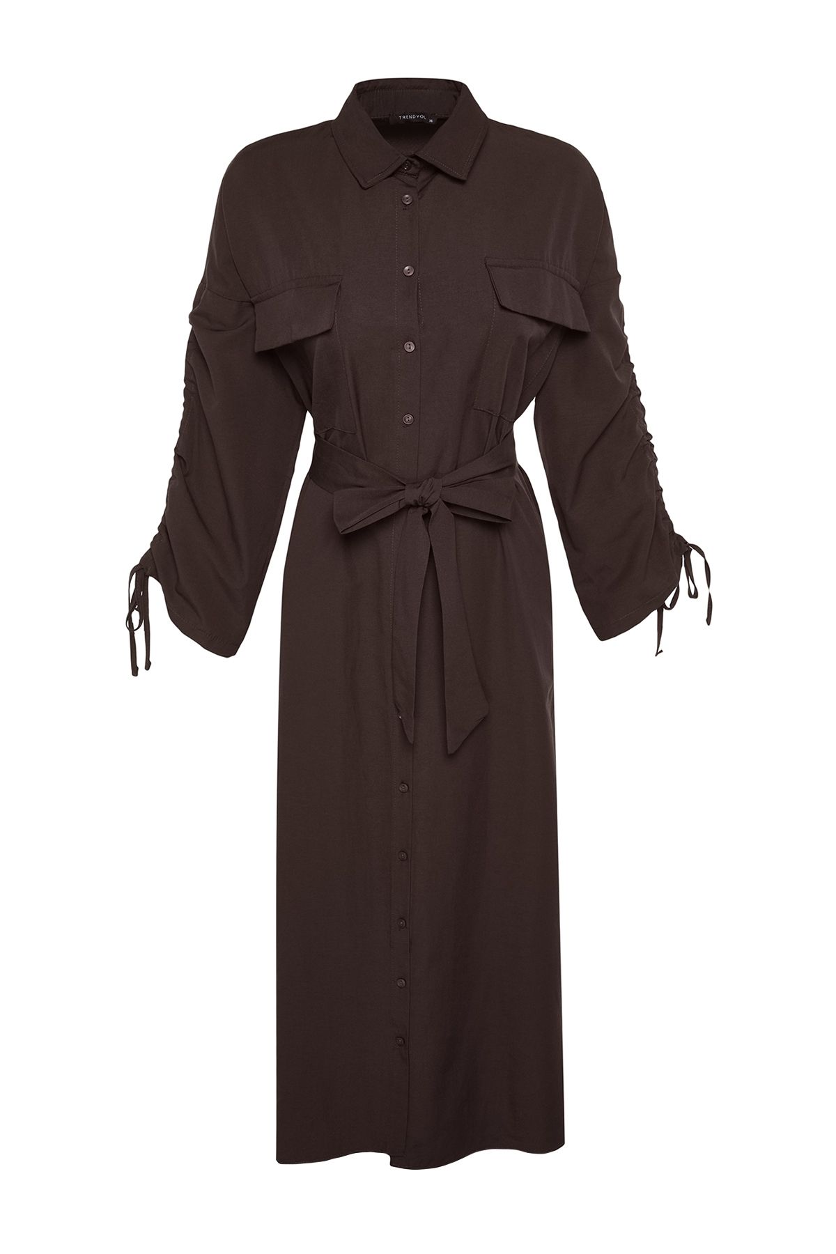 Trendyol Modest-Brown Belted Sleeves Adjustable Detail Button Cotton Woven Shirt Dress Tctss23Eb00365 10
