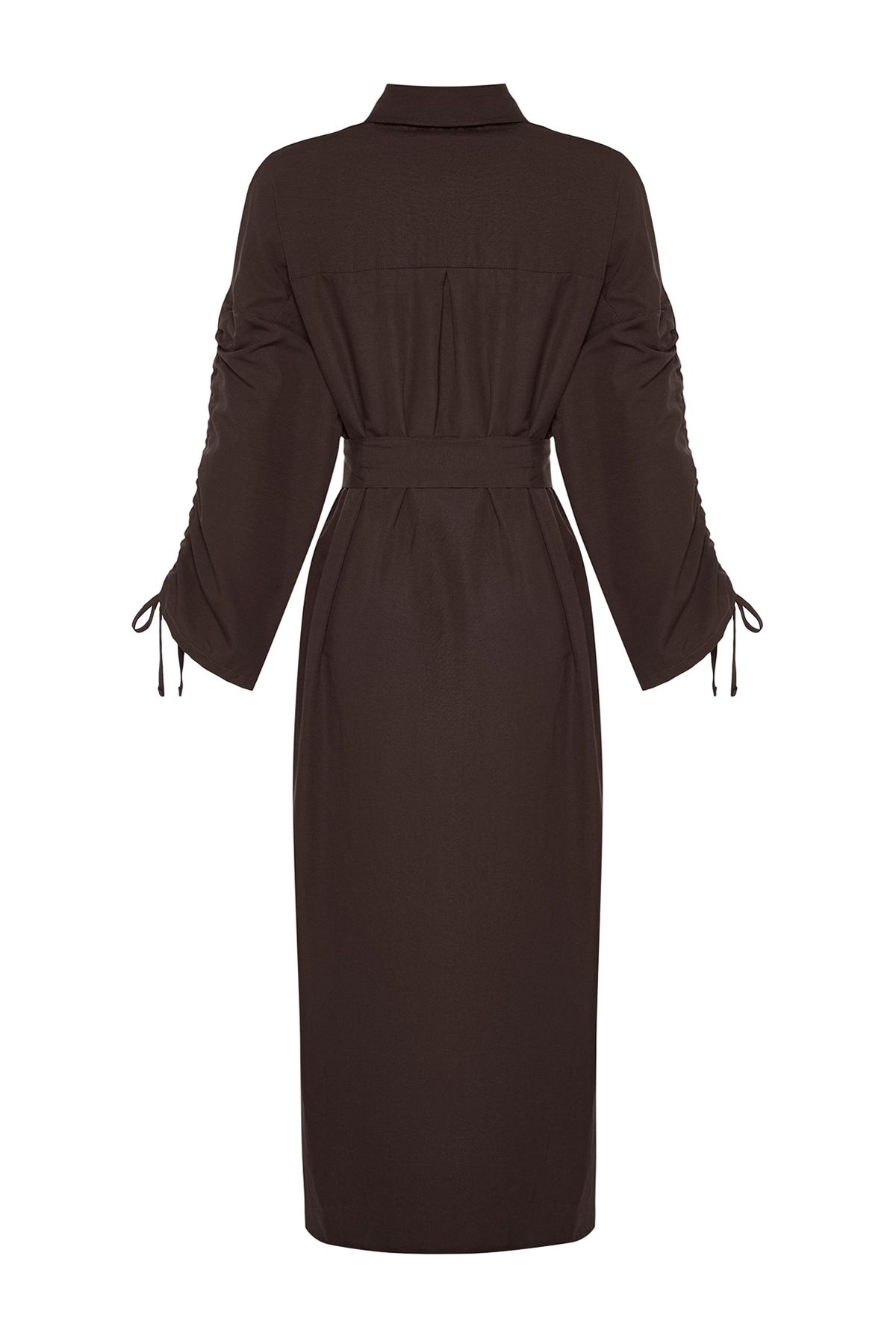 Trendyol Modest-Brown Belted Sleeves Adjustable Detail Button Cotton Woven Shirt Dress Tctss23Eb00365 12