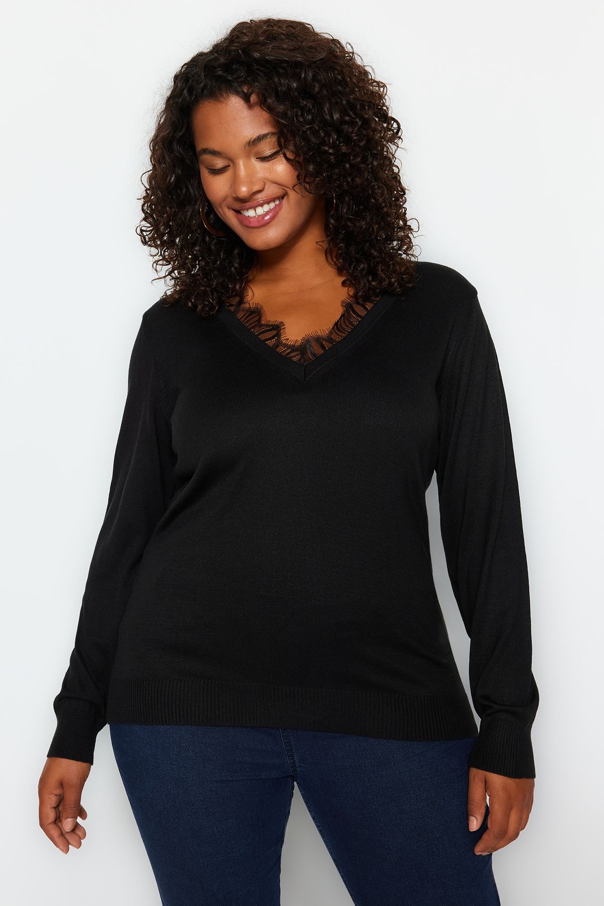 Trendyol Curve Czarny, Koronkowy Sweter Z Dzianiny Kobieta - 3XL