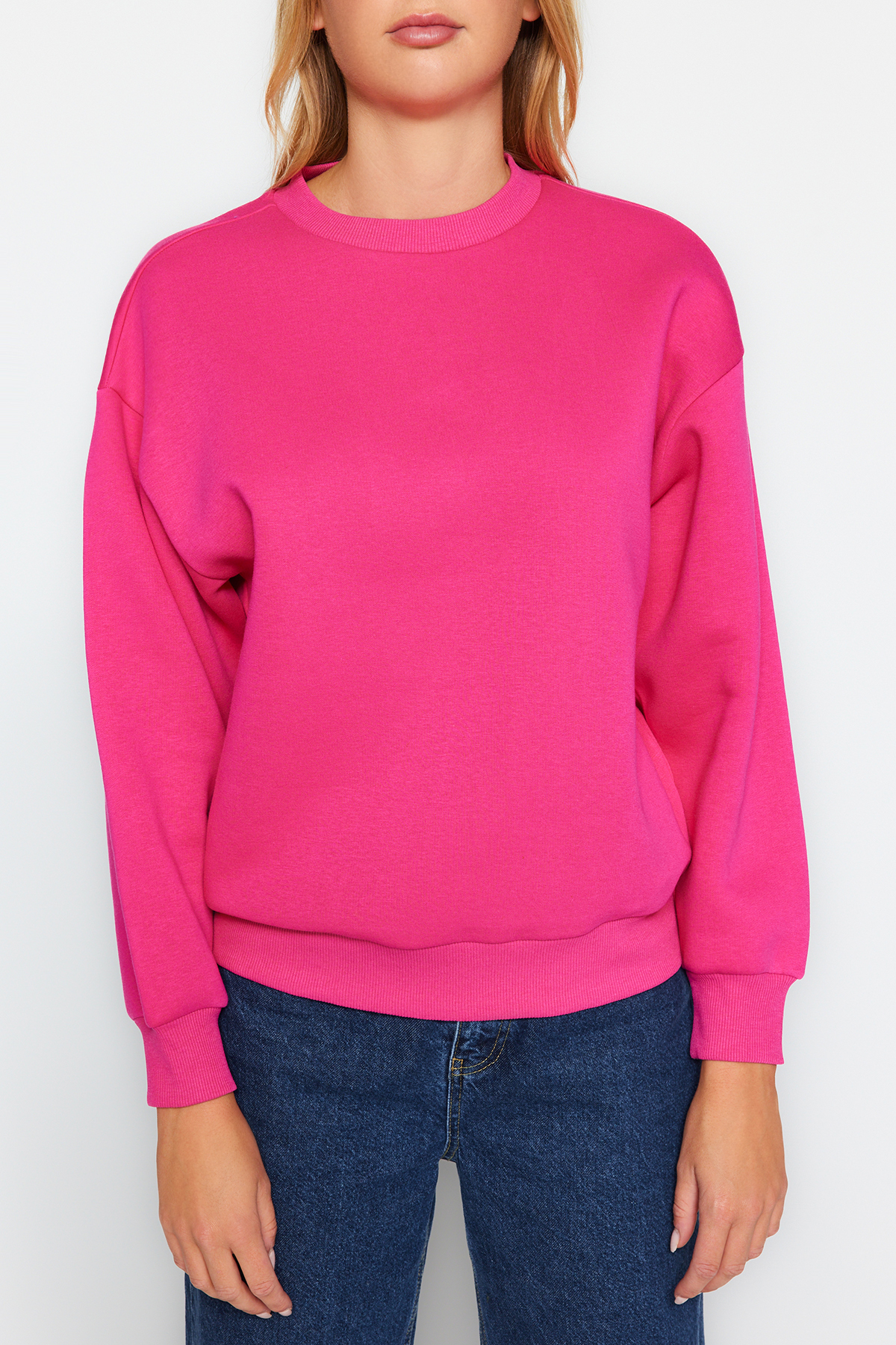 Trendyolmilla  Fuşya Kalın İçi Polarlı Regular/Normal Kalıp Bisiklet Yaka Basic Örme Sweatshirt TWOAW24SW00101 - Görsel 5
