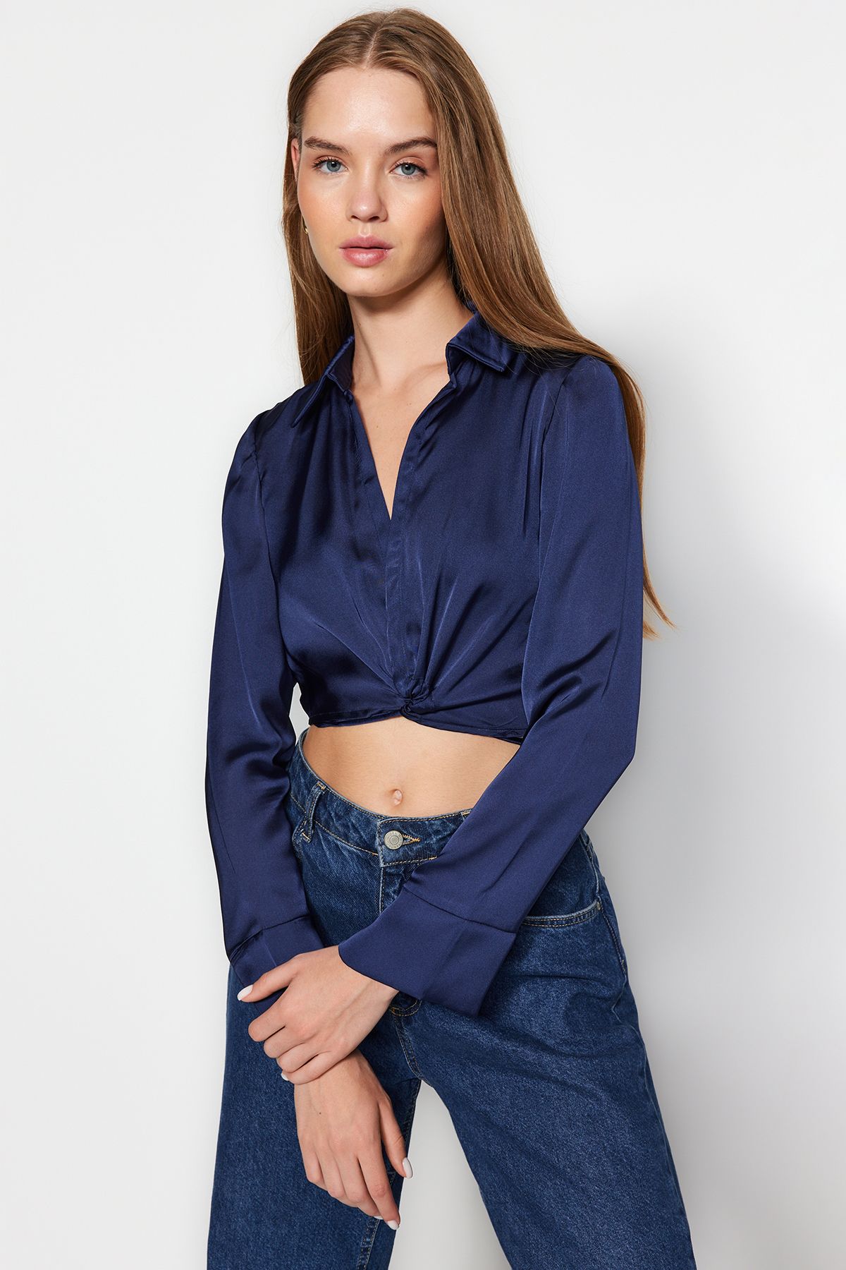 Navy satin crop top discount