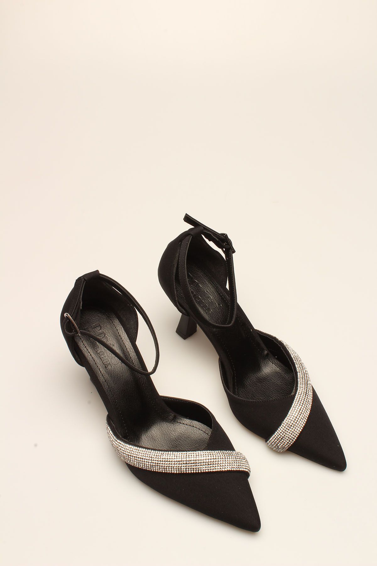 ROVIGO-BLACK SATIN STONE WOMEN'S HEELS 1