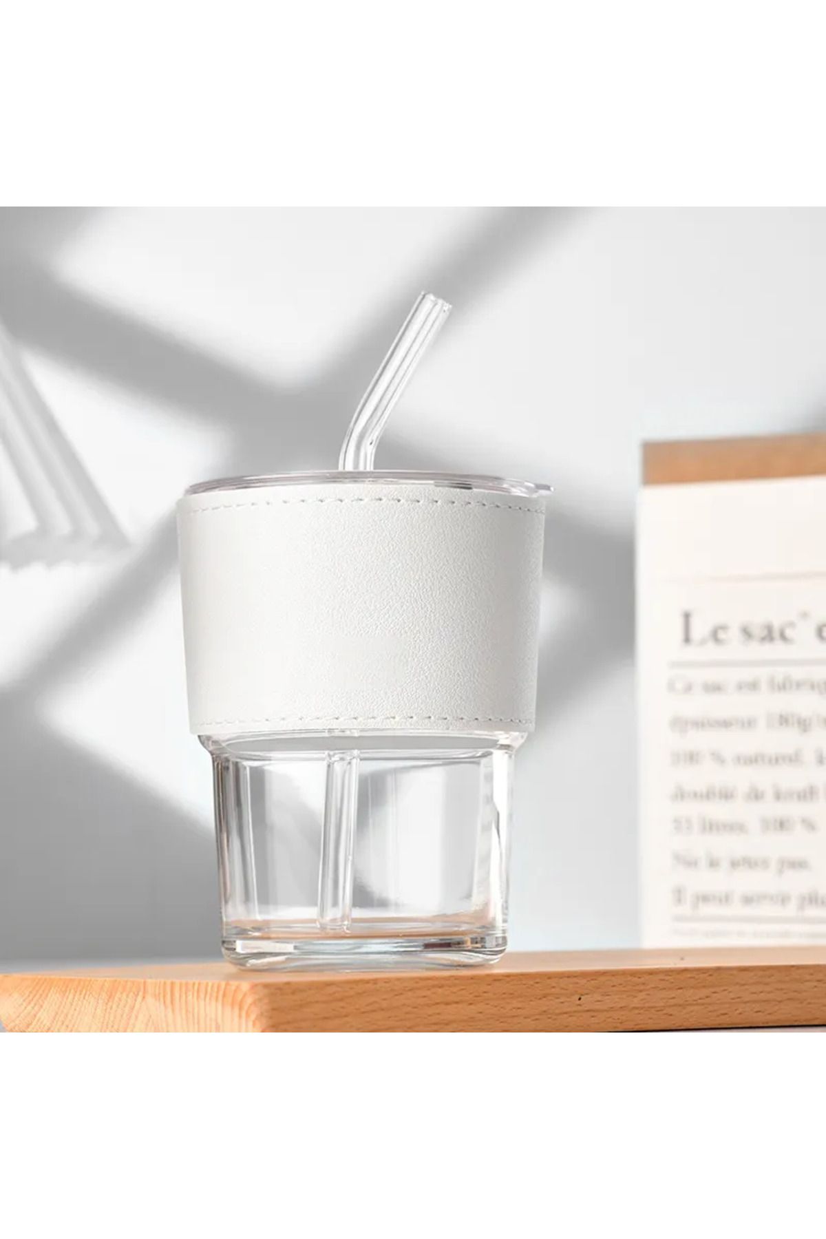 Glass coffee shop mug with lid