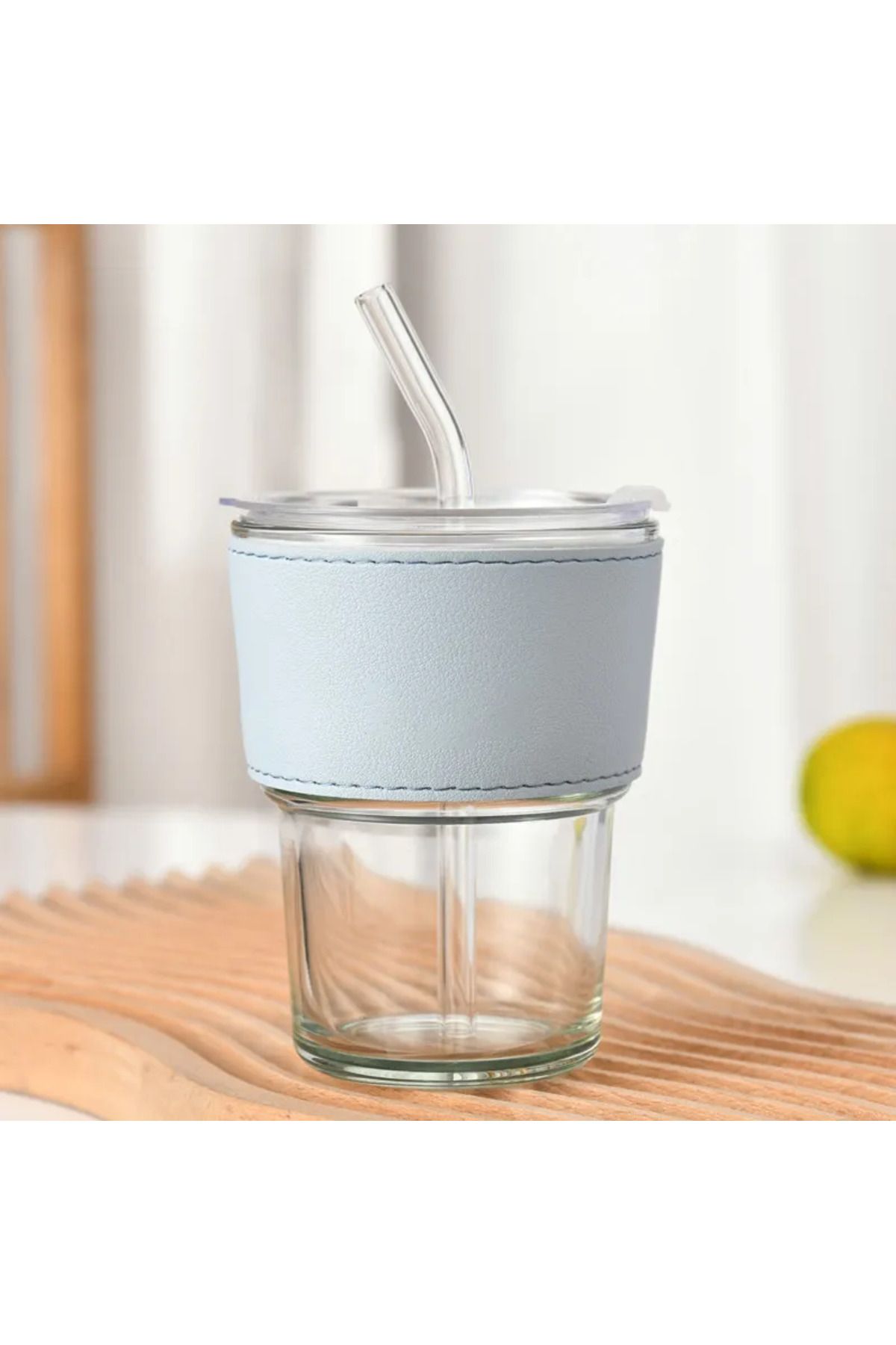 FETH YE TOPTAN Leather Striped Straw Lid Glass Coffee Serving