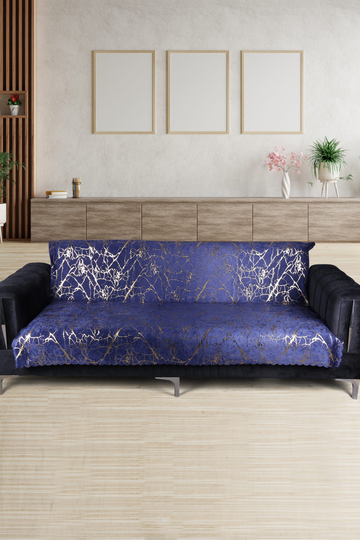 Güzide Navy Blue Sofa Cover Gold Foil Anti-Slip Sponge Sofa Cover 1 Piece 170x210 cm