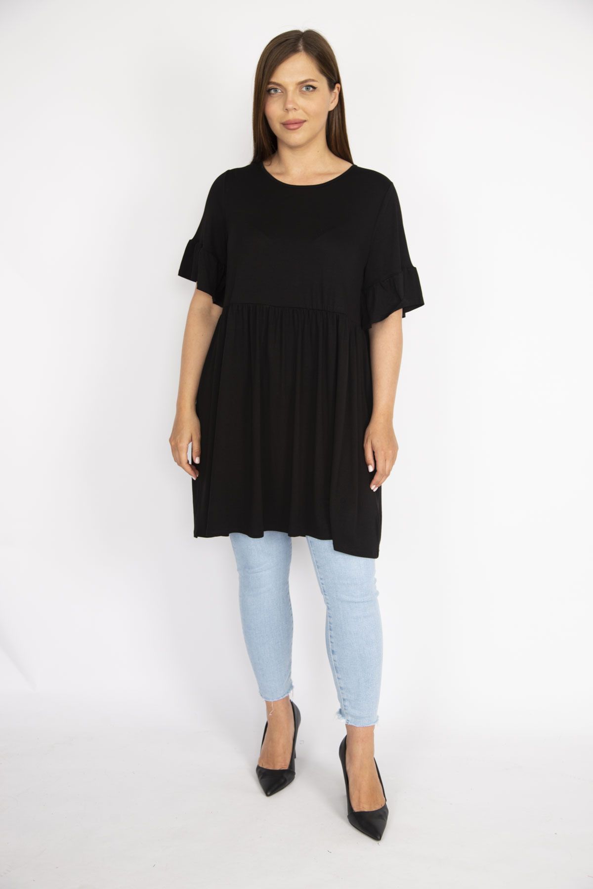 Şans-Schwarzes Tunikakleid für Damen in Übergröße mit Rundhalsausschnitt, geraffter Taille und Schwungradärmeln 65n36710 4