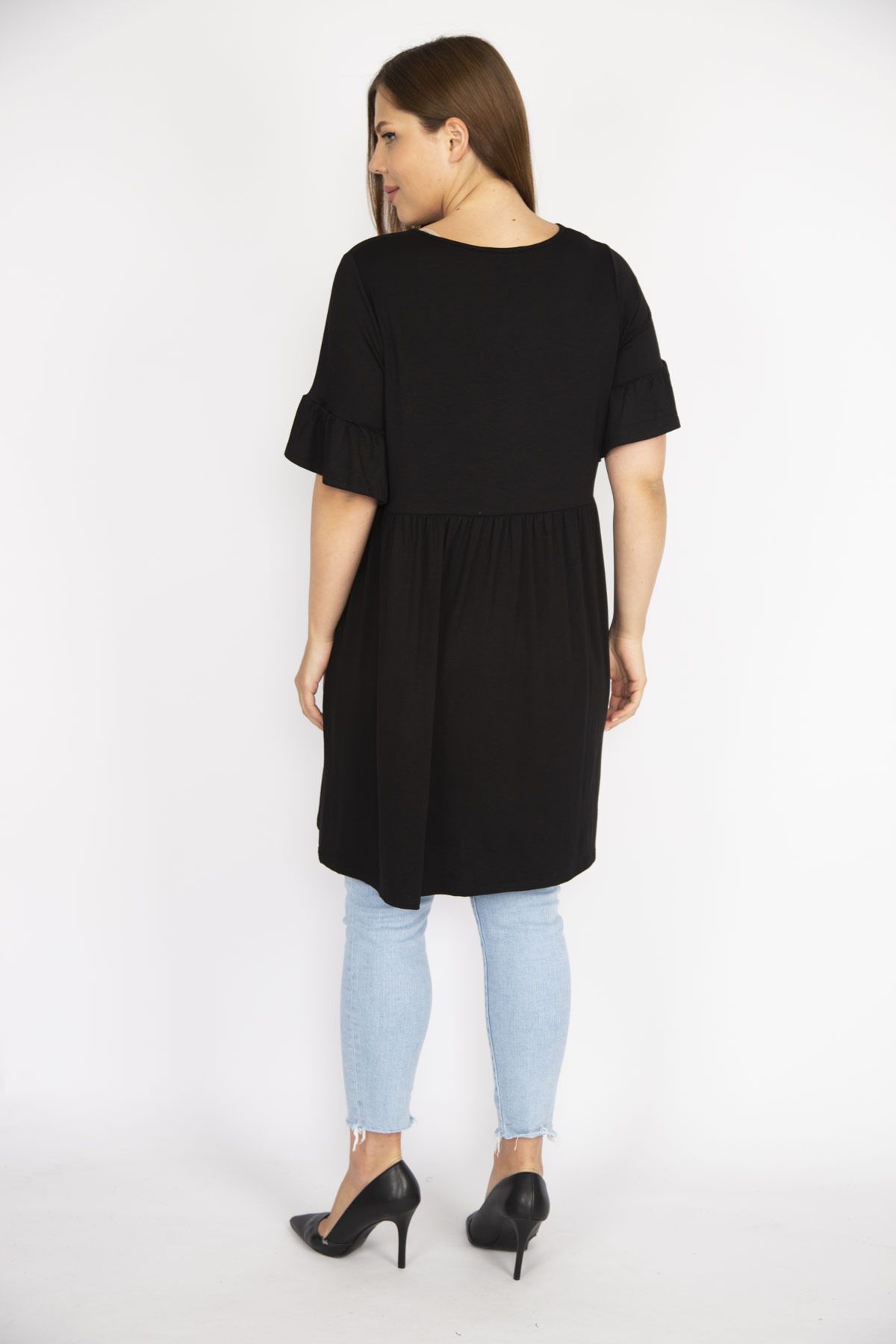 Şans-Schwarzes Tunikakleid für Damen in Übergröße mit Rundhalsausschnitt, geraffter Taille und Schwungradärmeln 65n36710 3